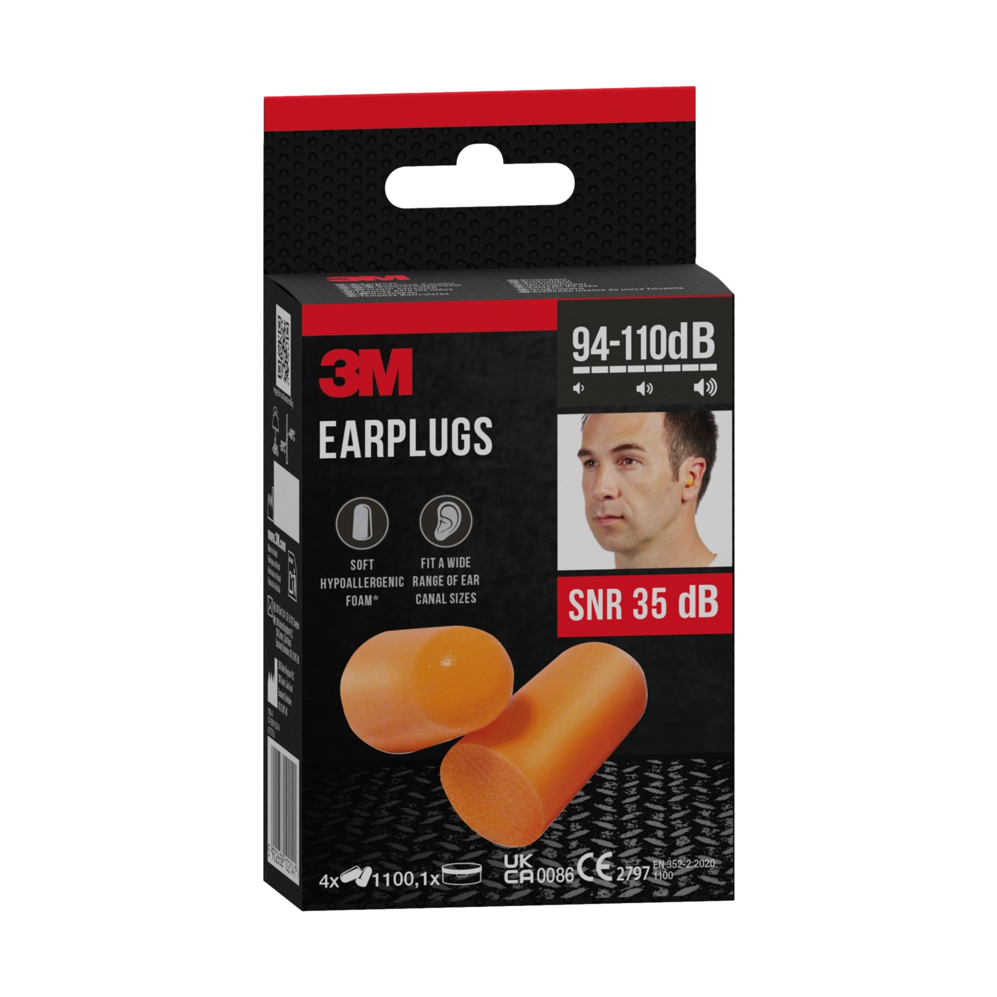 Eine schwarz-rote Schachtel der 3M Deutschland GmbH zeigt orangefarbene 3M™ Gehörschutzstöpsel 1100 Weichschaum, Produktinfos, ein kleines Foto eines Mannes und hebt den SNR-Wert 35 dB für Lärmpegel von 94-110 dB hervor.