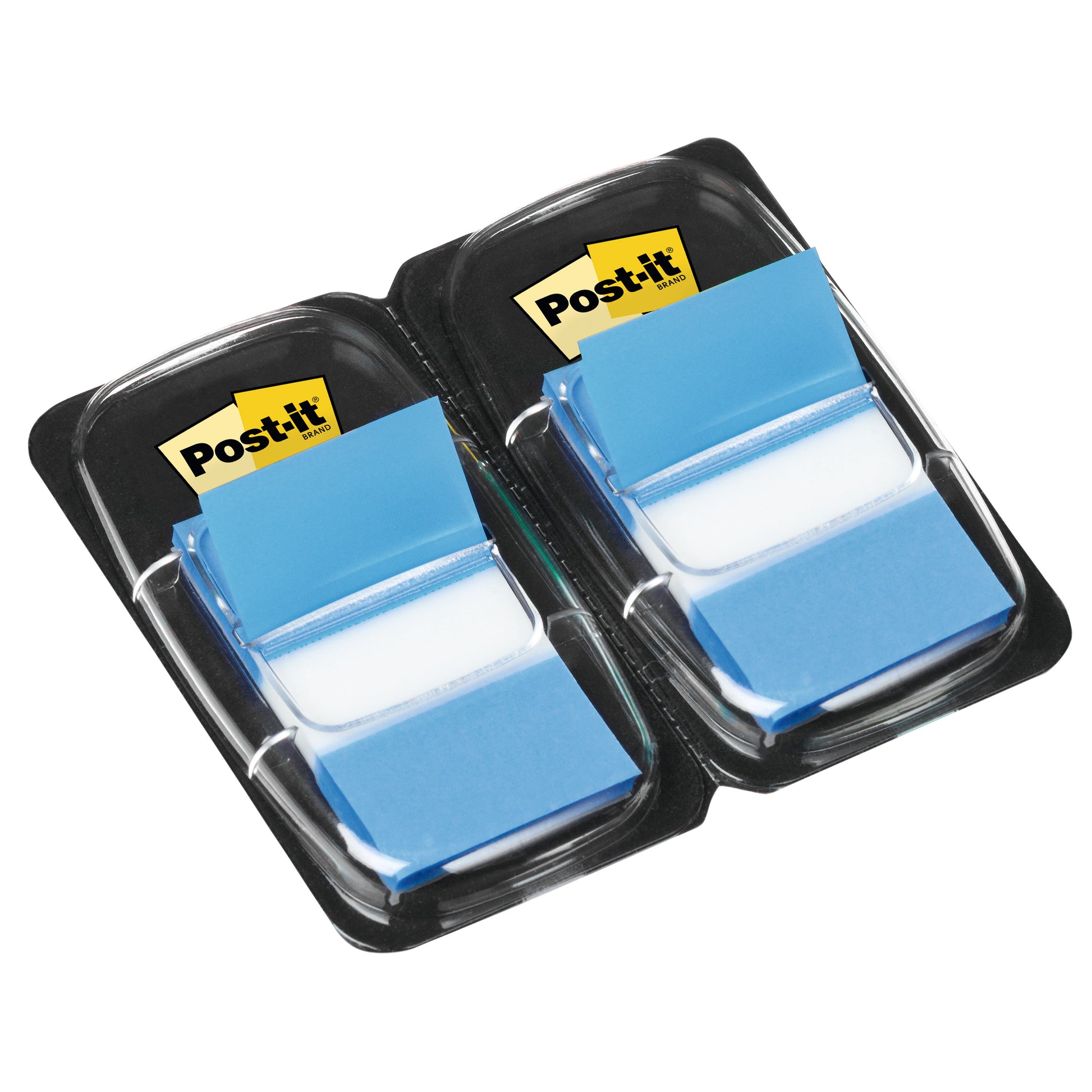 Ein Kunststoffspender der 3M Deutschland GmbH enthält 50 blaue Post-it® Index Haftstreifen (25,4 mm x 43,2 mm), Standardgröße, mit dem gelben Post-it Logo auf jeder Seite der Verpackung.
