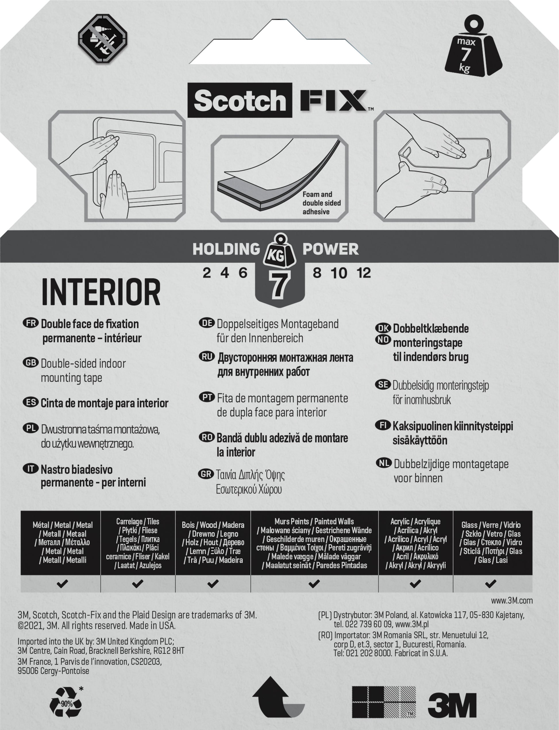 Die Verpackung des Scotch-FIX™ Doppelseitigen Innenmontagebandes der 3M Deutschland GmbH zeigt mehrsprachigen Text, Anwendungsbilder und Symbole, die zeigen, dass das Band bis zu 7 kg tragen kann.