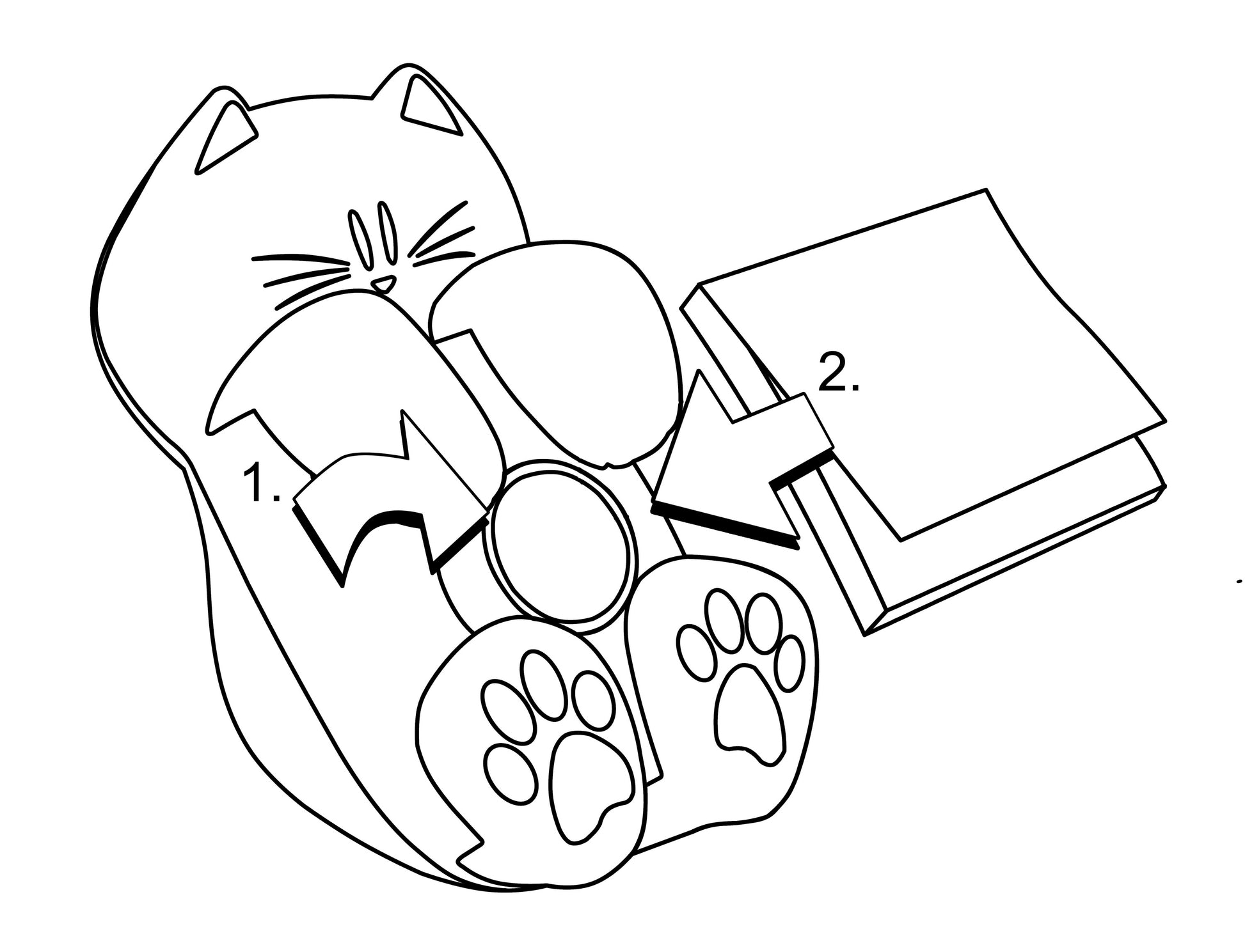 Schwarz-weiße Illustration des Post-it® Z-Notes Dispenser "Katze" von 3M Deutschland GmbH, zeigt die Schritte mit Pfeilen: Post-it® Super Sticky Z-Notes auf den Schoß der Katze legen, dann eine gefaltete Serviette oder ein Tuch darauf legen.
