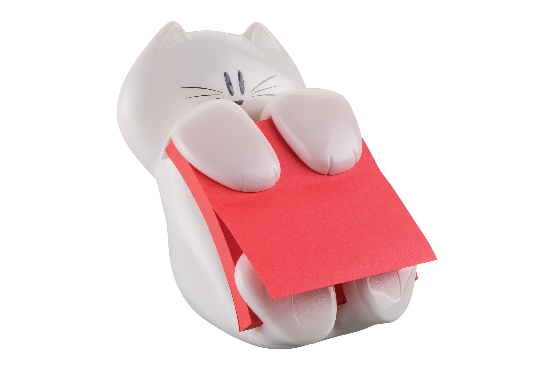 Ein weißer, katzenförmiger Post-it® Z-Notes Dispenser von 3M Deutschland GmbH hält einen Block rosa Post-it® Super Sticky Z-Notes (76x76 mm, 90 Blatt, 1 Block/Packung) vor einem schlichten weißen Hintergrund.