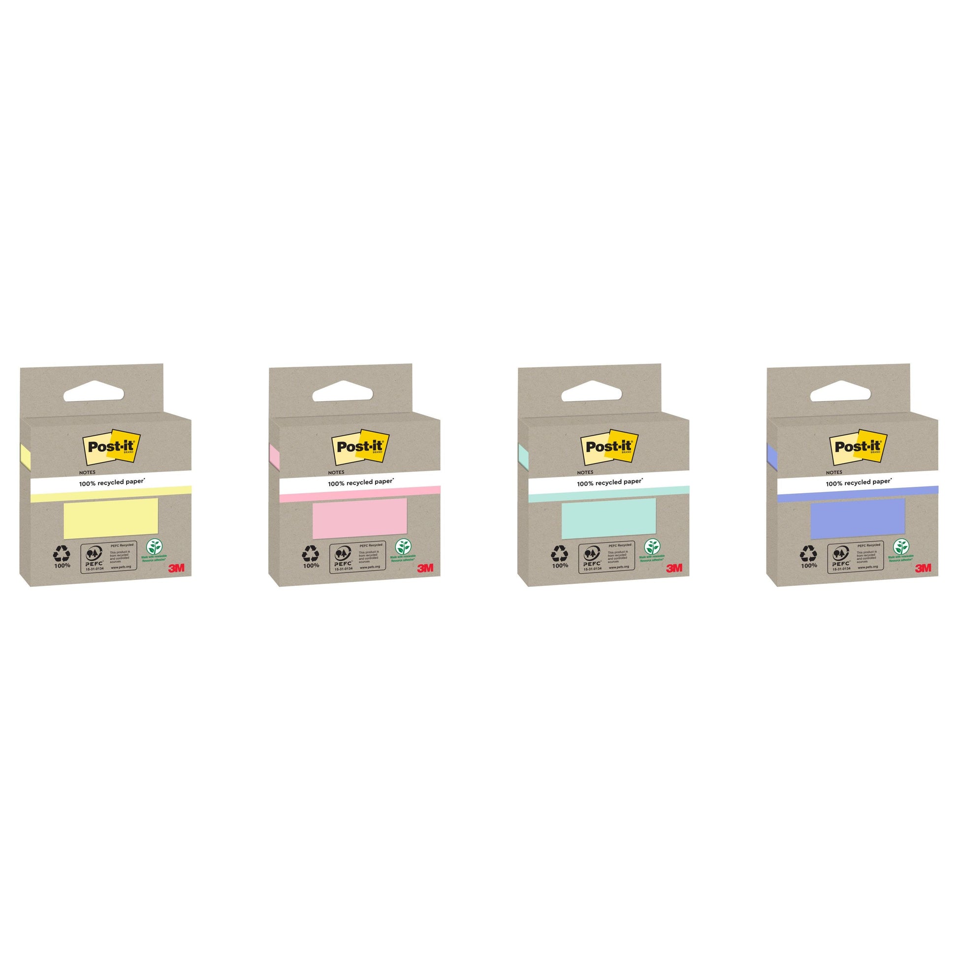 Vier Packungen Post-it® Recycling Notes (76 mm x 76 mm, je 100 Blatt, 100% PEFC) der 3M Deutschland GmbH sind nebeneinander in Schachteln mit Recycling-Symbolen abgebildet. Die Zettel sind gelb, rosa, grün und blau.