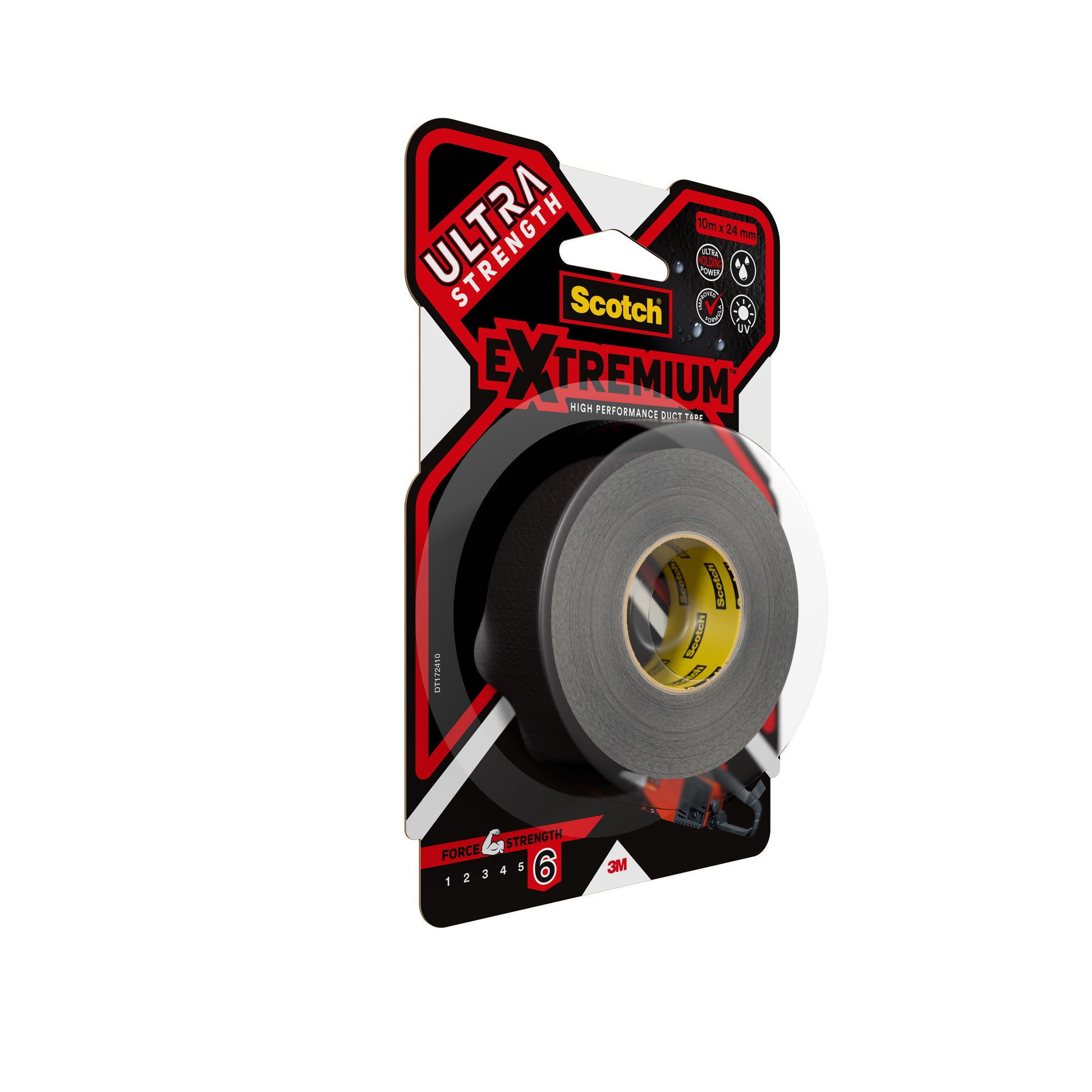 Eine Rolle 3M Scotch® Extremium™ Ultra Hochleistungs-Klebeband DT17 (10 m x 24 mm) in schwarz, verpackt mit rotem, schwarzem und gelbem Branding, zur Hervorhebung der Kraftstufe 6 für extreme Anforderungen. Die Packung enthält 1 Rolle.