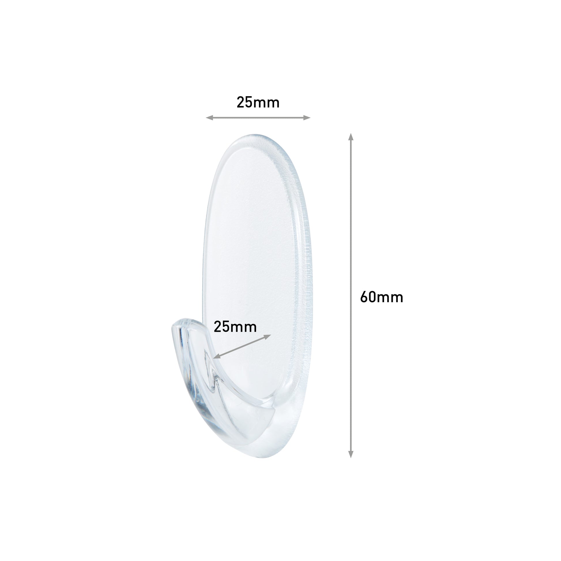 Der Command™ Haken M, mittelgroß, transparent (3M Deutschland GmbH), 60mm hoch und 25mm breit/tief, wird auf weißem Hintergrund mit Pfeilen für die Maße gezeigt. Modell: 17091CLR, Packung mit 1 Stück.