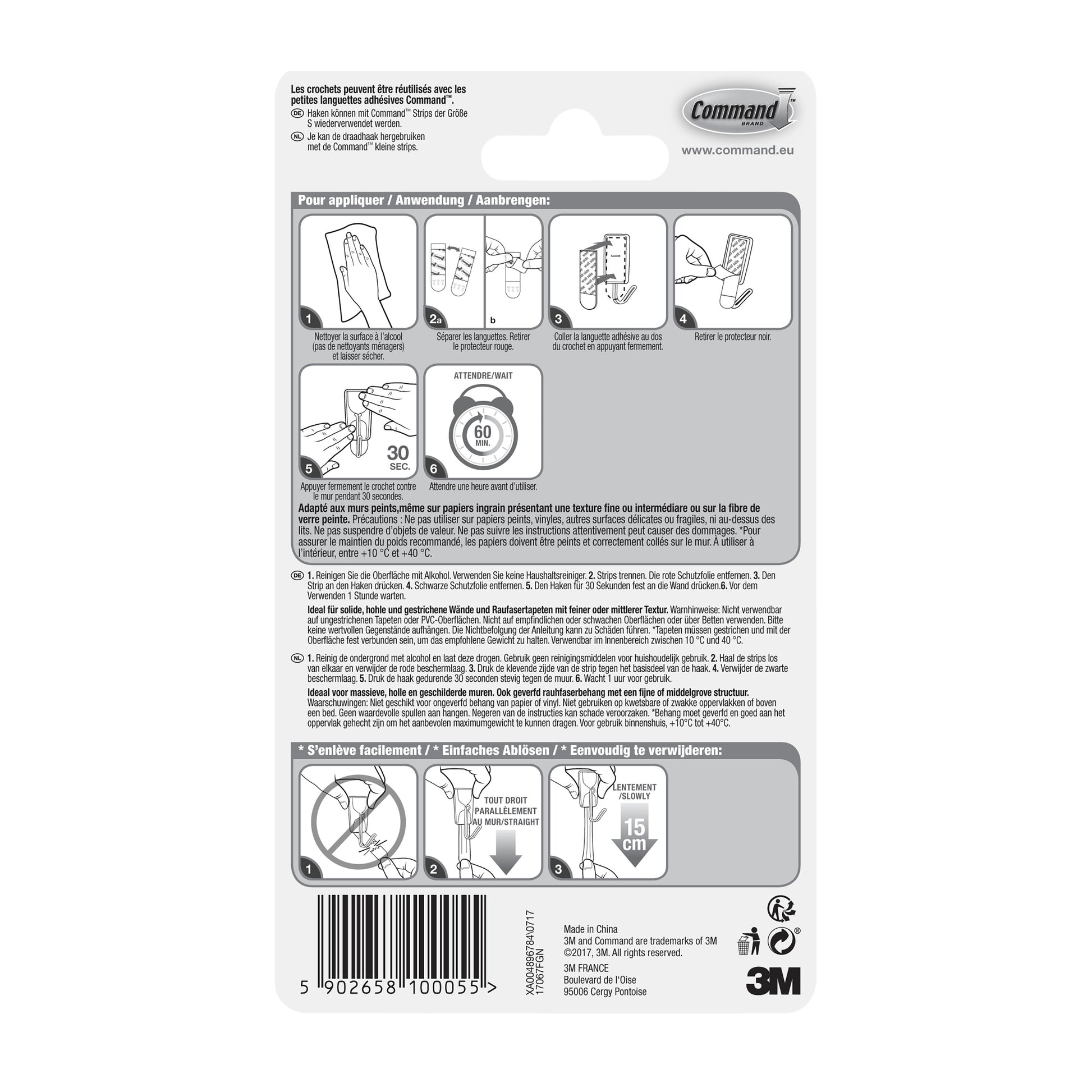 Die Rückseite der Command™ Small Drahthaken, 17067 (1 Stück) Packung von 3M Deutschland GmbH zeigt illustrierte, mehrsprachige Anwendungs- und Entfernungsschritte, Produktinformationen, einen Barcode und das 3M Logo unten rechts.