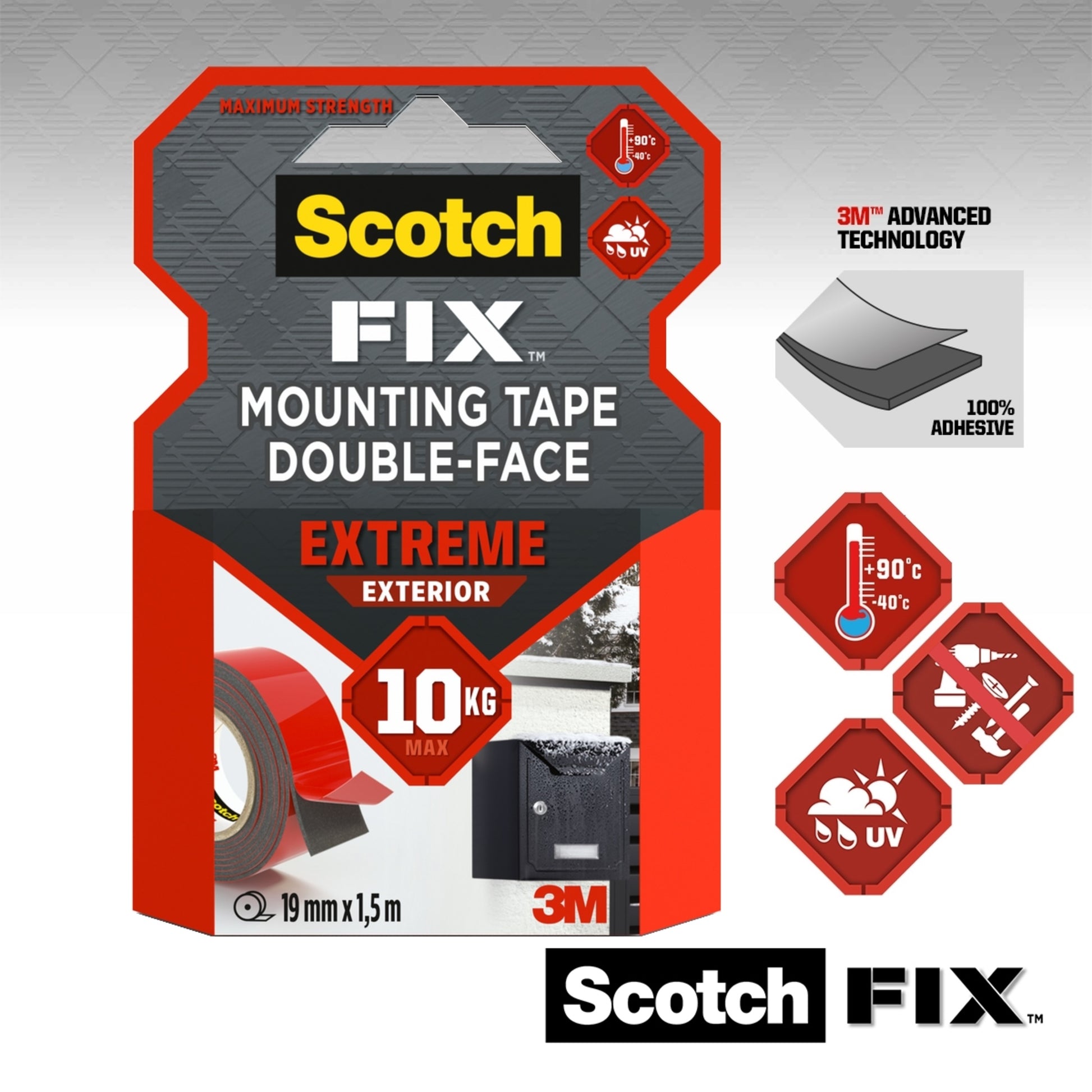 Ein Paket Scotch-FIX™ Extreme doppelseitiges Außenmontageband von 3M Deutschland GmbH, mit 10 kg maximaler Festigkeit, Wetter- und UV-Beständigkeit sowie fortschrittlicher Klebetechnologie.