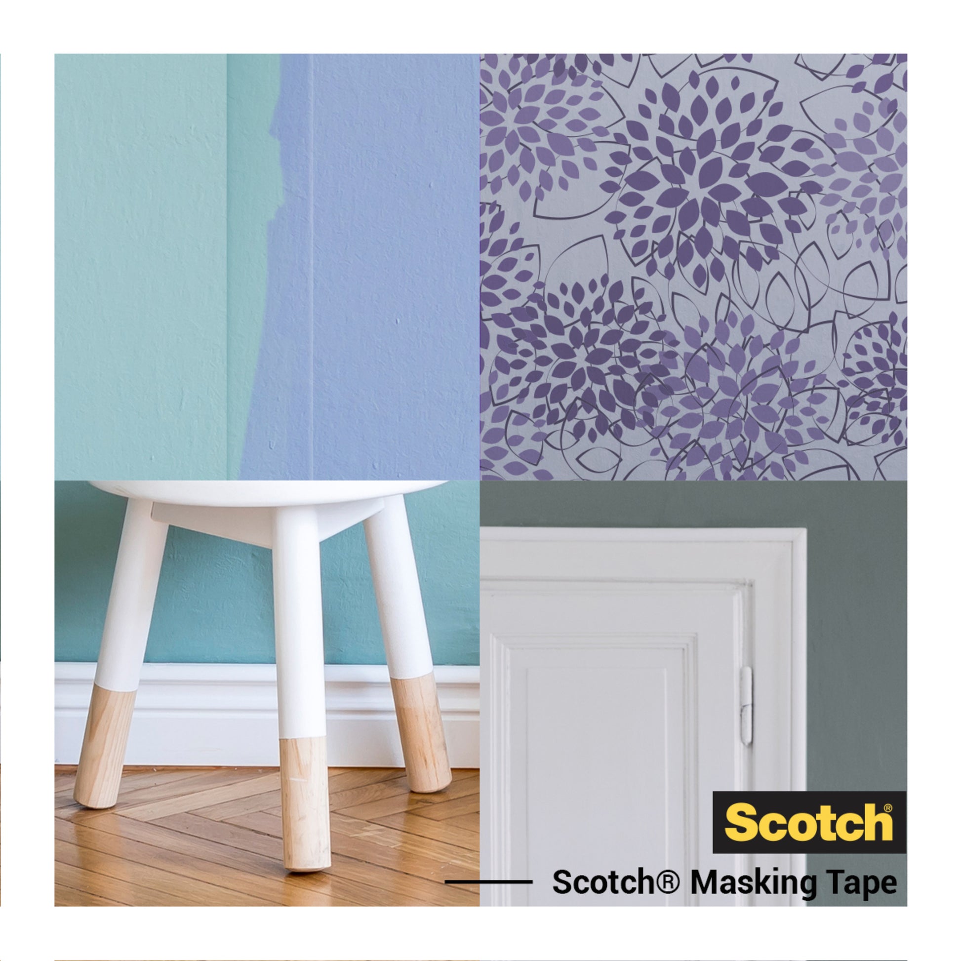 Eine Collage zeigt eine gestrichene Wand, eine lila geblümte Wand, einen Holzhocker und eine weiße Tür. Rechts unten ist das Scotch® Malerabdeckband für empfindliche Oberflächen der 3M Deutschland GmbH (36 mm x 41 m, 1 Rolle) abgebildet.