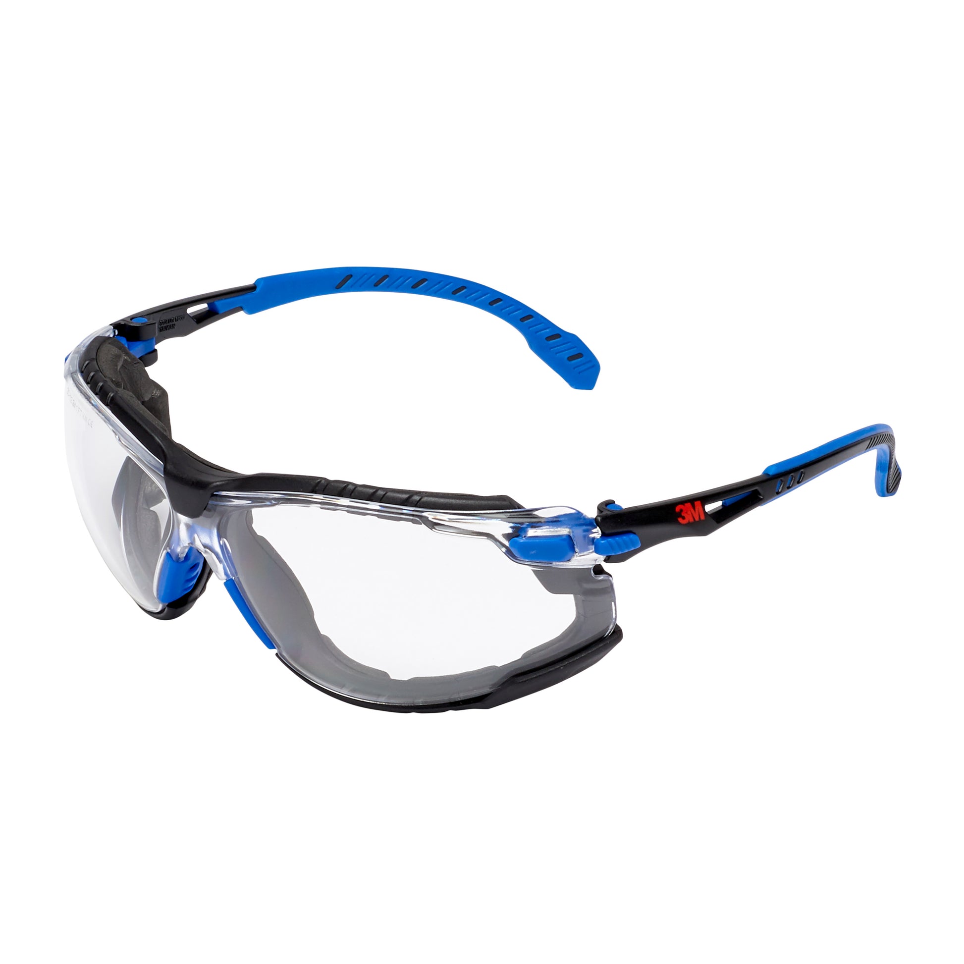 3M™ Solus™ Schutzbrille 1000 von 3M Deutschland GmbH mit Klarsichtscheibe, verstellbaren Bügeln, schwarzem/blauem Rahmen, Scotchgard™ Antibeschlag-Beschichtung und aufsteckbarer Schaumstoffdichtung.
