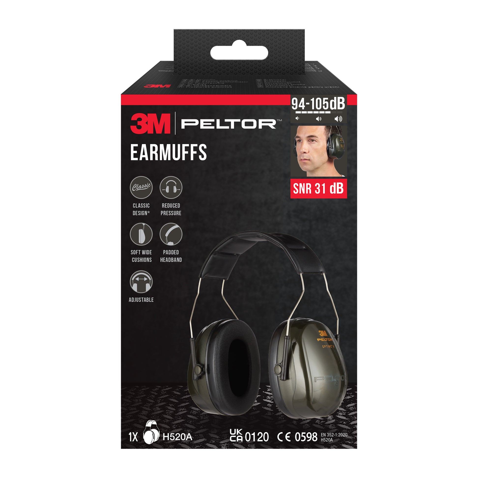 Eine Schachtel mit 3M™ PELTOR™ Optime™ II H520A Kapselgehörschützern (SNR 31 dB, Grün) von 3M Deutschland GmbH, mit Bildern des Produkts im Einsatz und Hervorhebung von Komfort, Design, Anpassbarkeit und "94-105dB"-Schutz. Die Packung enthält 1 Stück.