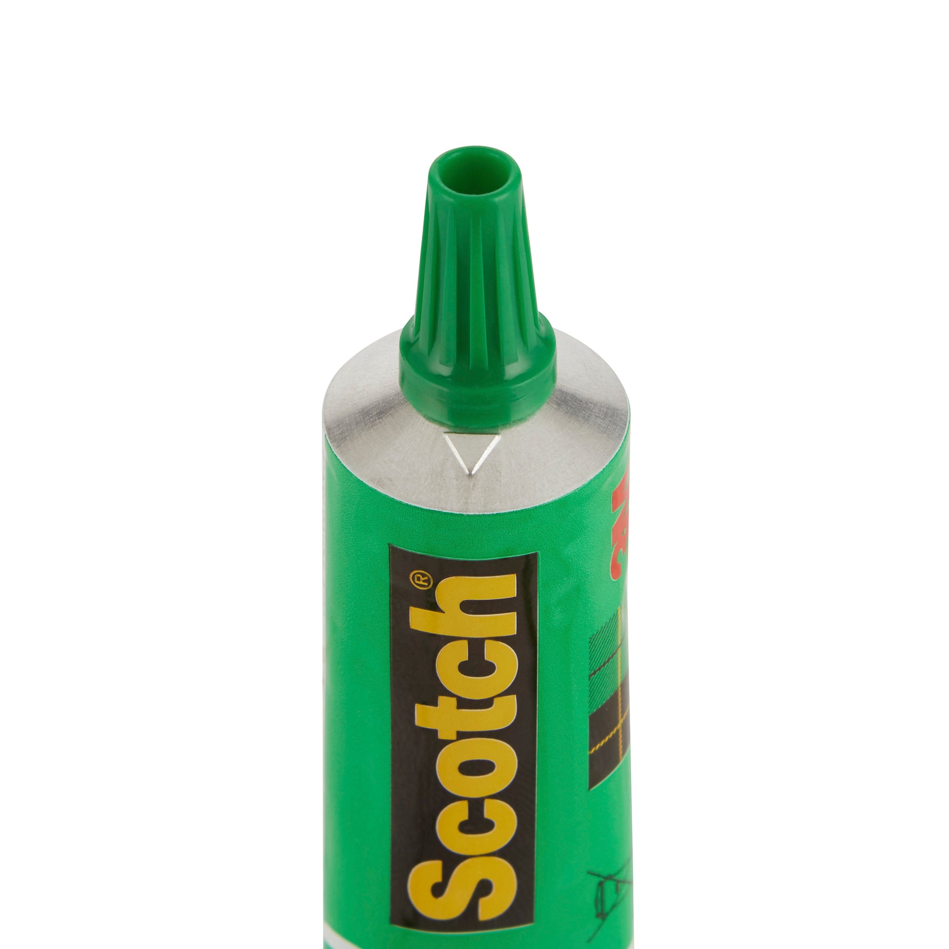 Nahaufnahme des oberen Teils einer grünen Tube Scotch® Flüssigkleber, 30 ml von 3M Deutschland GmbH, mit abgenommener Kappe, um die Düse freizulegen. Auf der Tube befindet sich das Scotch-Logo auf einem gelb-schwarzen Etikett.