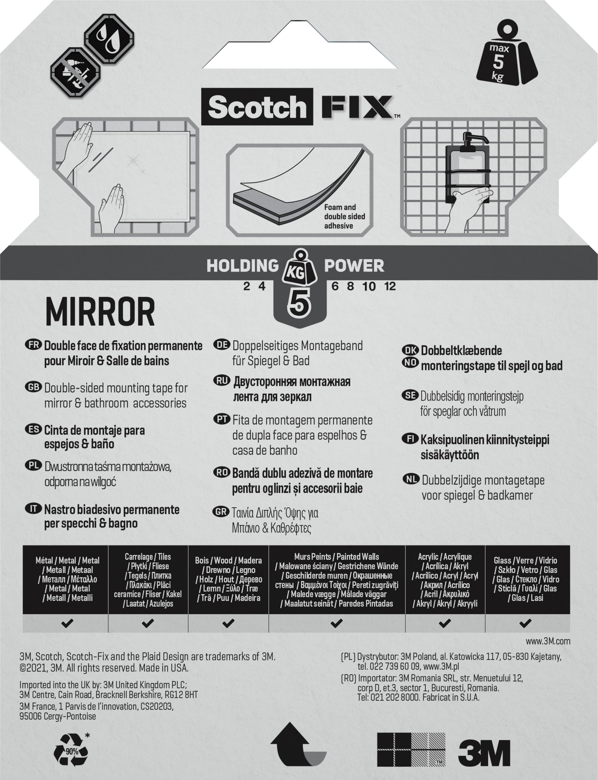 Rückseite der Verpackung von 3M Deutschland GmbH Scotch-FIX™ Spiegelmontageband 4496W mit Anleitung, mehrsprachiger Ausstattung, 5 kg Haltekraft, Markenlogos und einer Abbildung, die die Verwendung des doppelseitigen Klebebandes zur Befestigung eines Spiegels zeigt.