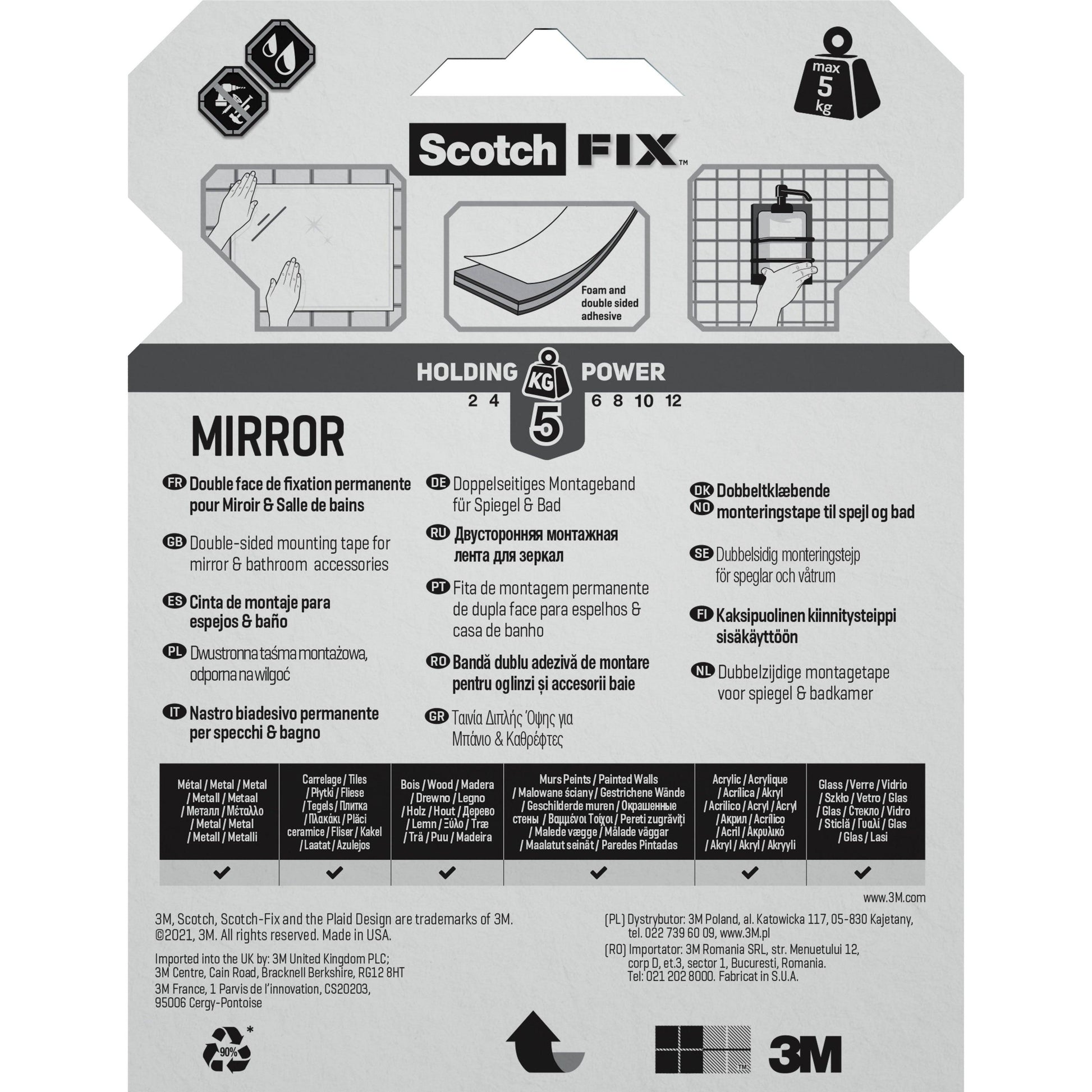 Rückseite der Verpackung von 3M Deutschland GmbH Scotch-FIX™ Spiegelmontageband 4496W mit Anleitung, mehrsprachiger Ausstattung, 5 kg Haltekraft, Markenlogos und einer Abbildung, die die Verwendung des doppelseitigen Klebebandes zur Befestigung eines Spiegels zeigt.