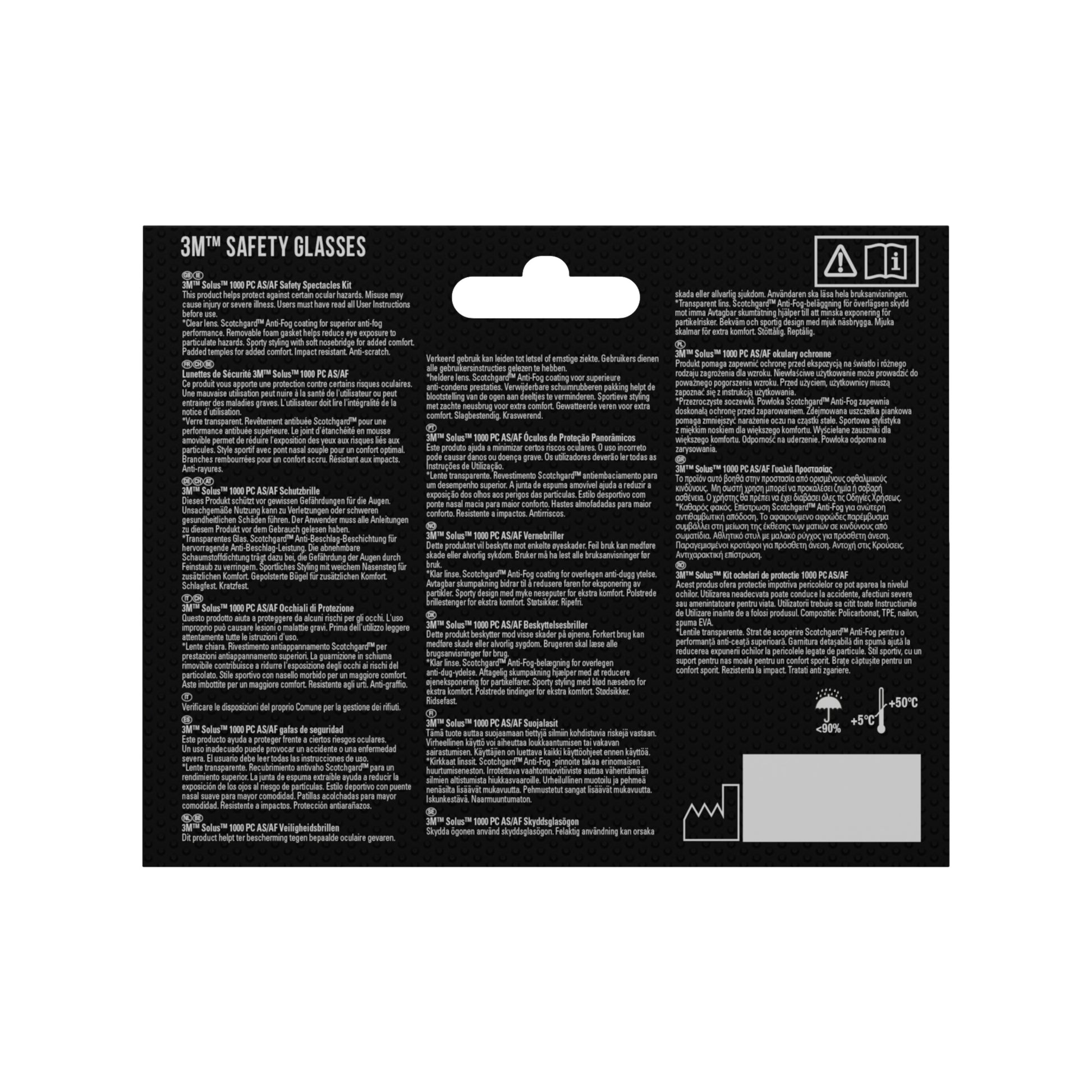 Rückseite einer 3M™ Solus™ Schutzbrille 1000-Verpackung der 3M Deutschland GmbH, mit mehrsprachigem weißen Text auf schwarzem Grund, Sicherheitssymbolen oben rechts und Barcode unten rechts. Inklusive Scotchgard™ Antibeschlag-Beschichtung und Schaumstoffdichtung.