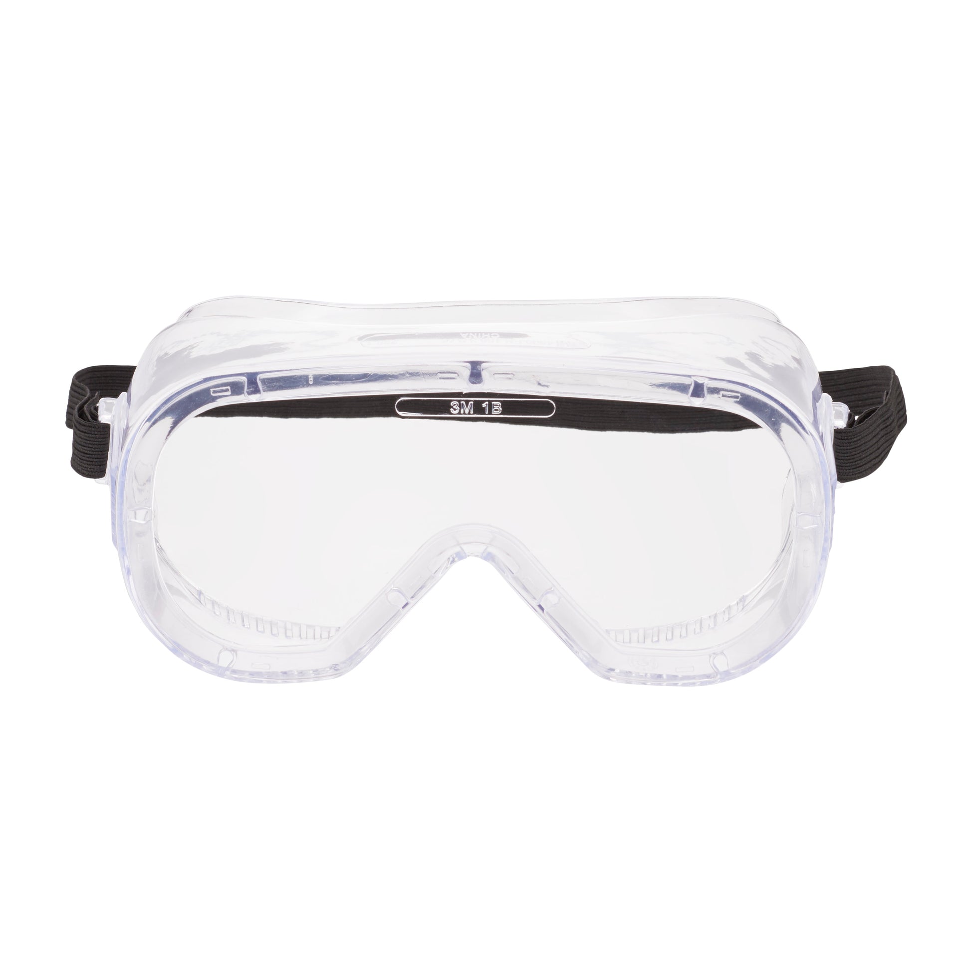 Die 3M™ Classic Schutzbrille 4800 von 3M Deutschland GmbH hat eine indirekt belüftete, klare Scheibe und einen Kunststoffrahmen mit einem schwarzen, verstellbaren Gummiband, abgebildet auf weißem Hintergrund. Die Packung enthält 1 Stück.