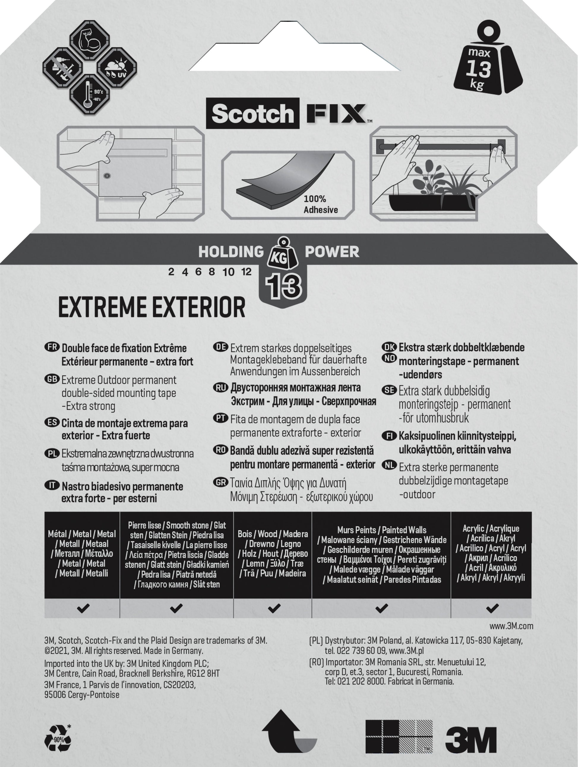 Auf der Rückseite des Scotch-FIX™ Extreme doppelseitigen Außenmontagebandes der 3M Deutschland GmbH sind in schwarzer Schrift auf grauem Hintergrund die Gewichtsbeschränkung von 13 kg, Anwendungshinweise, geeignete Oberflächen und Sicherheitshinweise in mehreren Sprachen angegeben.