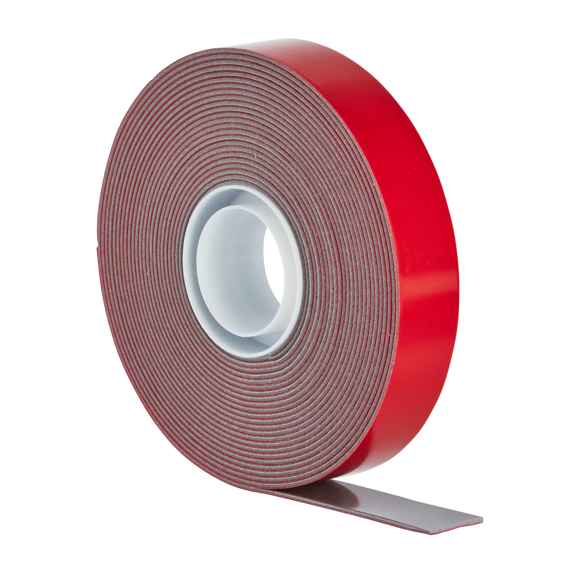 Eine teilweise abgewickelte Rolle 3M Deutschland GmbH Scotch-FIX™ Extreme doppelseitiges Außenmontageband mit roter Rückseite zeigt die Klebeschicht vor weißem Hintergrund.