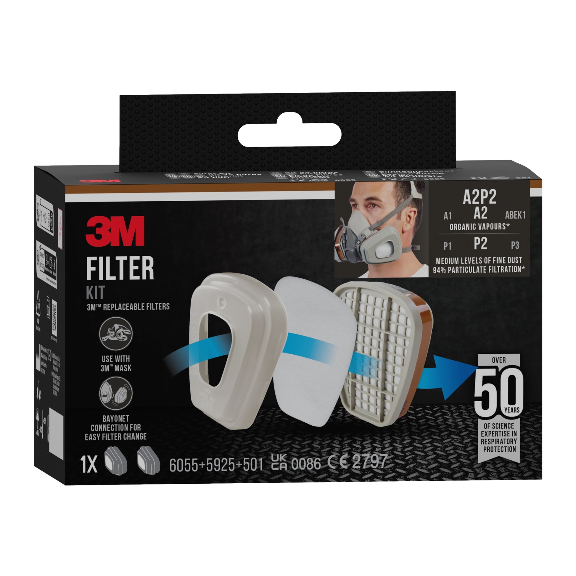 Der 3M™ Filtersatz 6002-1SP (A2P2) von 3M Deutschland GmbH enthält 2x6055, 2x5925 und 2x501 - auf der Verpackung mit einem Maskenträger abgebildet -, die für die Verwendung mit einer 3M Maske empfohlen werden und auf mehr als 50 Jahren wissenschaftlicher Erfahrung beruhen.
