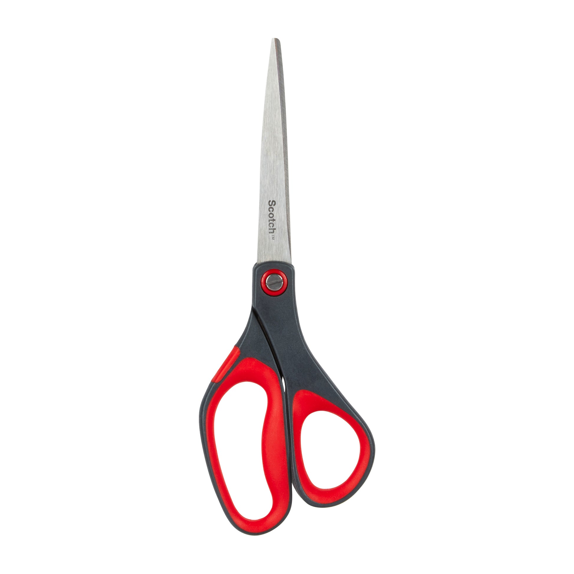 Die Scotch™ Präzisionsschere rot von 3M Deutschland GmbH hat Klingen aus rostfreiem Stahl und Griffe aus schwarzem und rotem Kunststoff auf weißem Hintergrund.