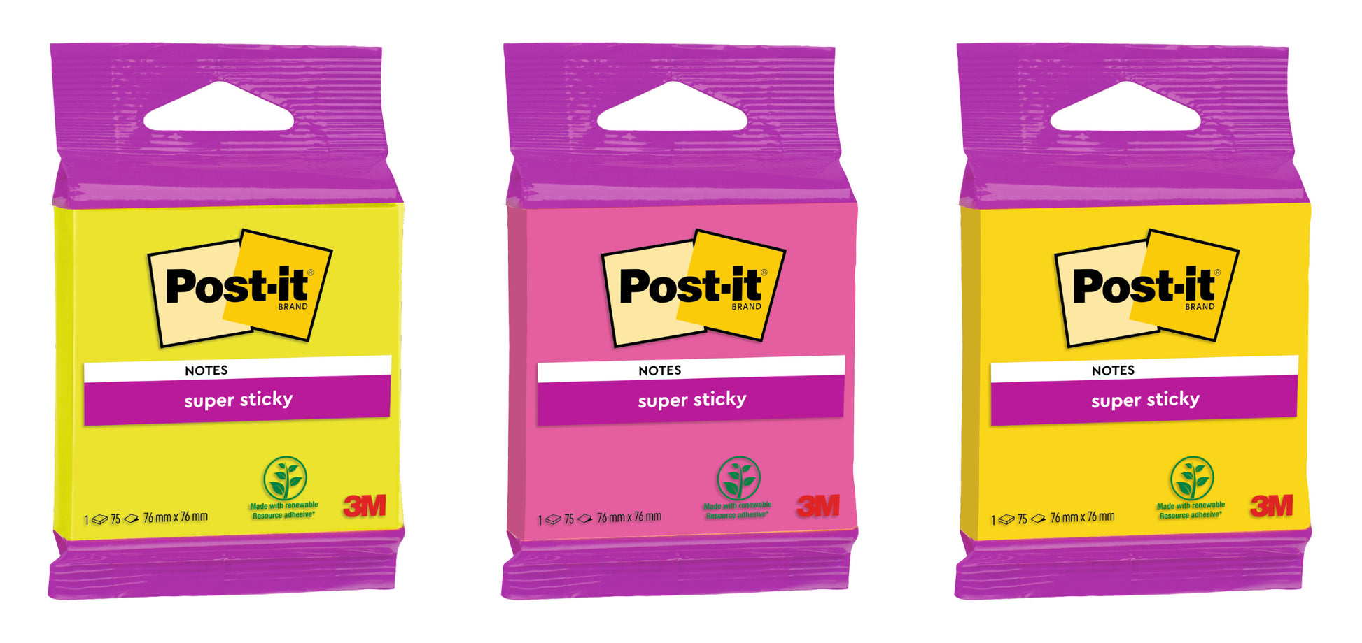 Abgebildet sind drei Packungen Post-it® Super Sticky Notes 6820S3 (76 x 76 mm, neongrün, neonpink, ultragelb, ultragrün, ultrapink) der 3M Deutschland GmbH mit bunter Verpackung und grünem PEFC-Recycling-Symbol.