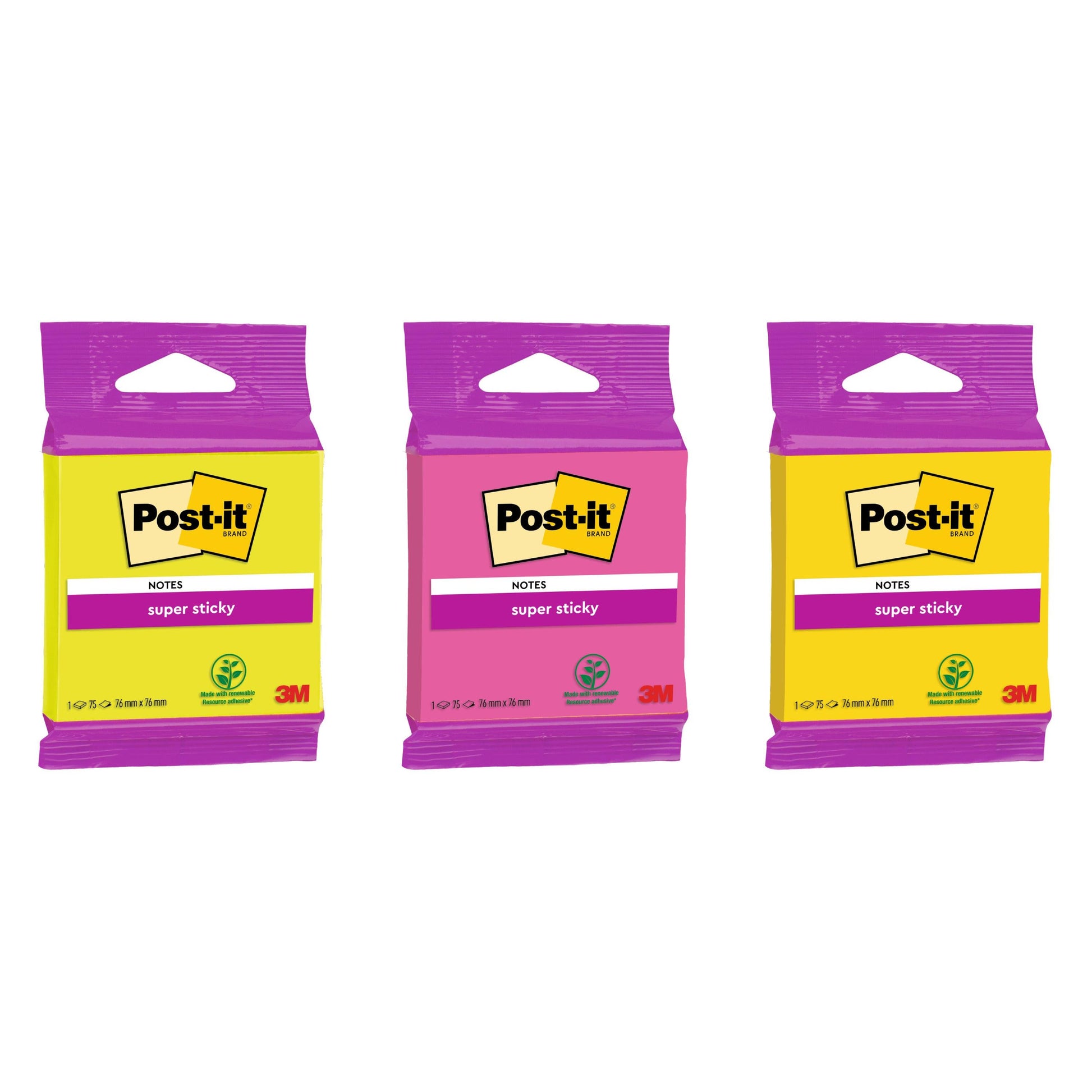Abgebildet sind drei Packungen Post-it® Super Sticky Notes 6820S3 (76 x 76 mm, neongrün, neonpink, ultragelb, ultragrün, ultrapink) der 3M Deutschland GmbH mit bunter Verpackung und grünem PEFC-Recycling-Symbol.