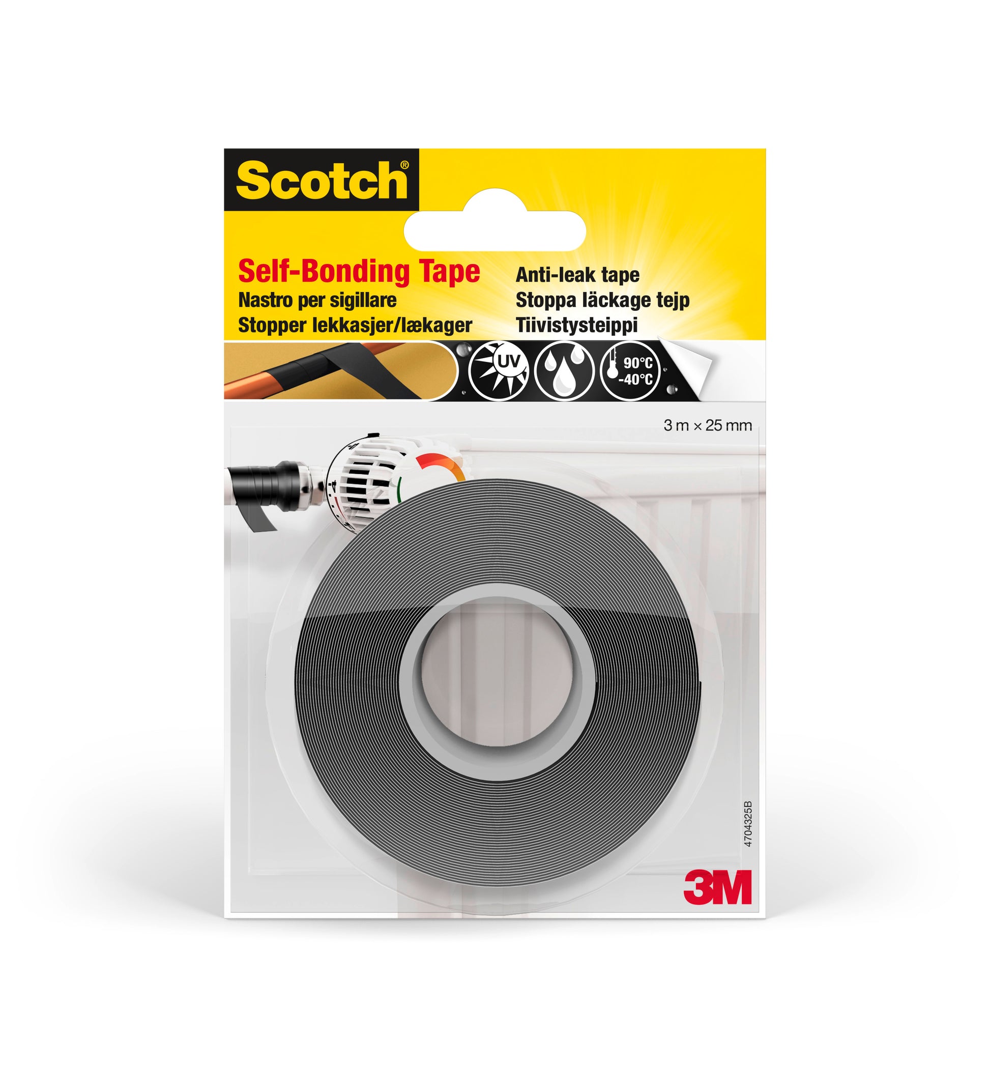 Eine Packung Scotch® selbstverschweißendes Reparaturband GFNSP 4704 von 3M Deutschland GmbH, schwarz, 25 mm x 3 m, zeichnet sich durch Dichtigkeit, UV-Beständigkeit und einen Temperaturbereich von -40°C bis 90°C aus.
