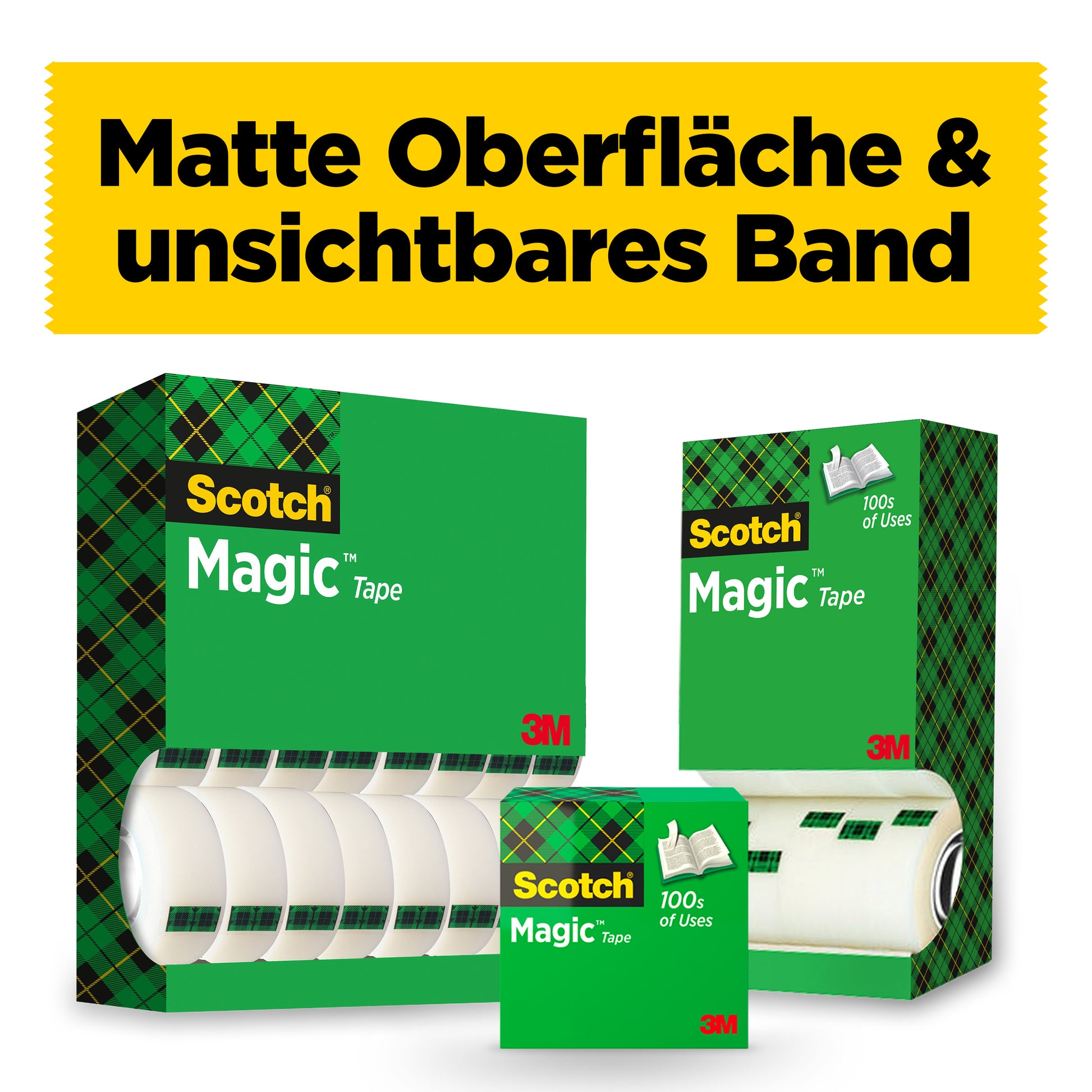 Im Vordergrund sind 24 Rollen Scotch® Magic™ Unsichtbares Klebeband von 3M (19 mm x 33 m) im Vorteilspack zu sehen. Ein gelbes Banner darüber trägt die schwarze Aufschrift "Matte Oberfläche & unsichtbares Band".