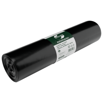 Abgebildet ist eine DEISS 25023 Müllbeutel-Rolle (700x1100 mm, Typ 100 schwarz, 15 Stück) der EMIL DEISS KG (GmbH + Co.), mit weiß-grünem Mittelschild, auf hellgrauem Hintergrund.