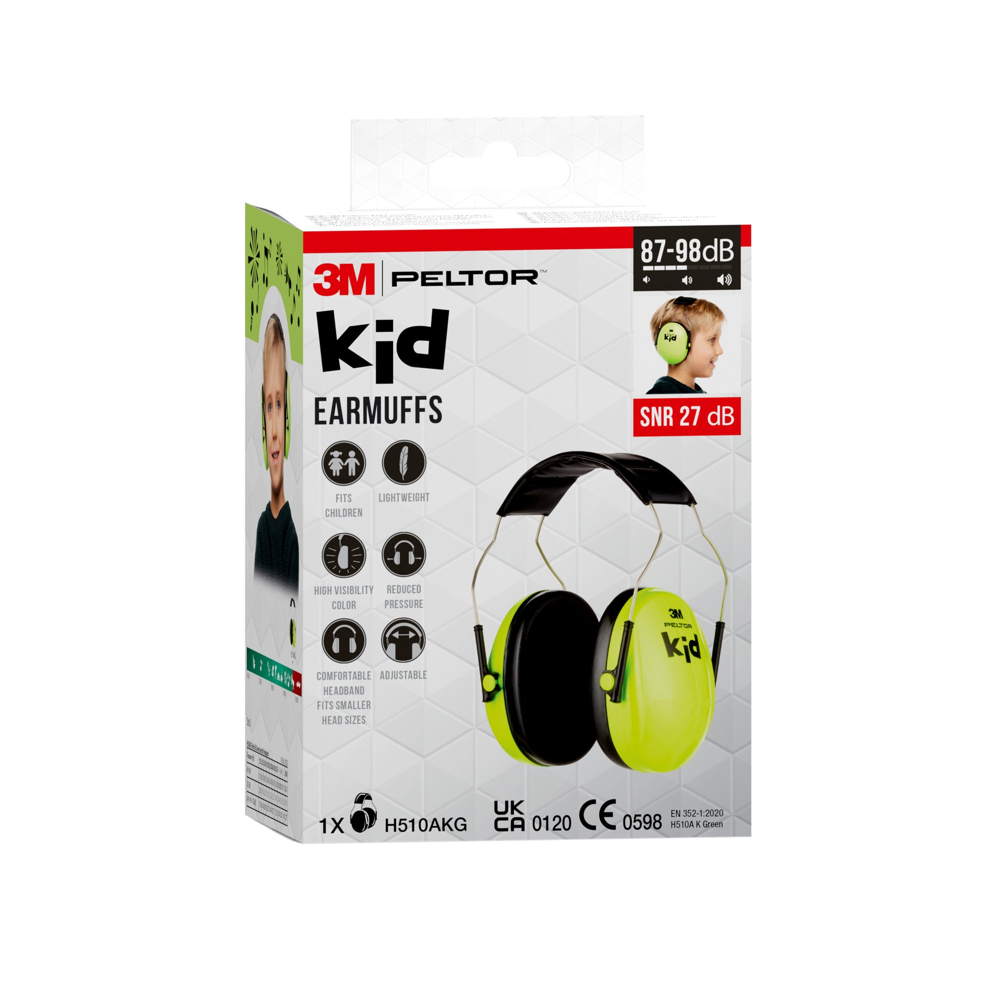 Eine Schachtel 3M™ PELTOR™ Kapselgehörschutz für Kinder von 3M Deutschland GmbH, die einen lindgrünen Kapselgehörschutz für ein Kind zeigt. Die Verpackung betont die Lärmreduzierung, den leichten Komfort und die Eignung für Kinder.
