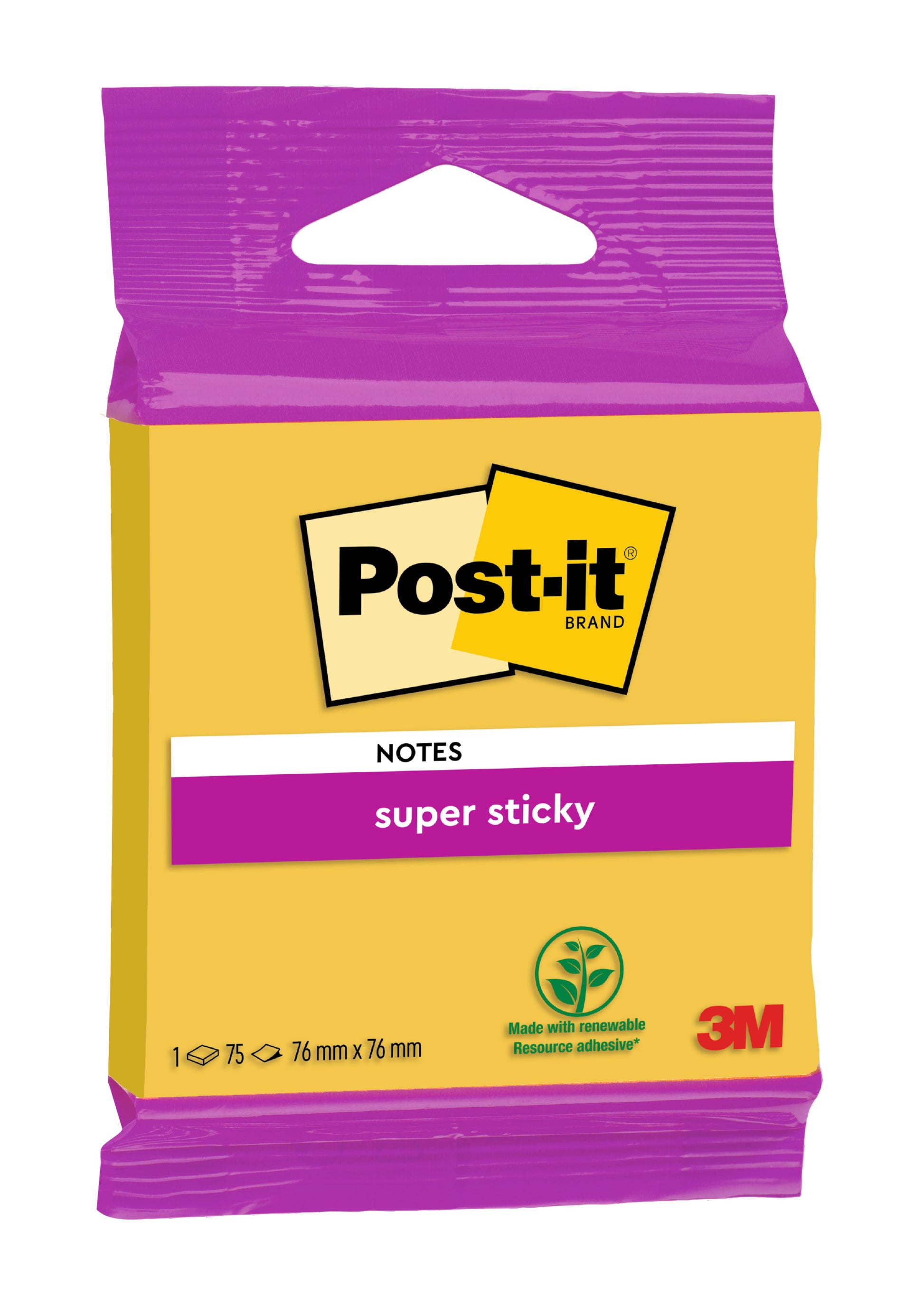 Eine Packung Post-it® Super Sticky Notes 6820S3 von 3M Deutschland GmbH, 76 x 76 mm, in neongrün, neonpink, ultragelb, ultragrün & ultrapink; ein Block mit 75 Blatt; 100% PEFC SGSCH-PEFC-COC-110078.