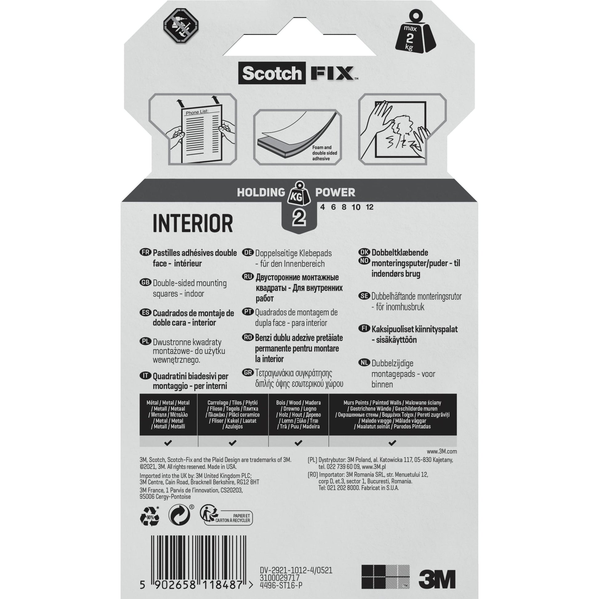 Rückseite einer 3M Scotch-FIX™ Doppelseitige Innenmontagequadrate 4496-ST16-P Packung (16 x 25mm x 25mm), mit Anleitung, mehrsprachigen Informationen, Diagrammen und Barcode. Haltekraft bis zu 2 kg.