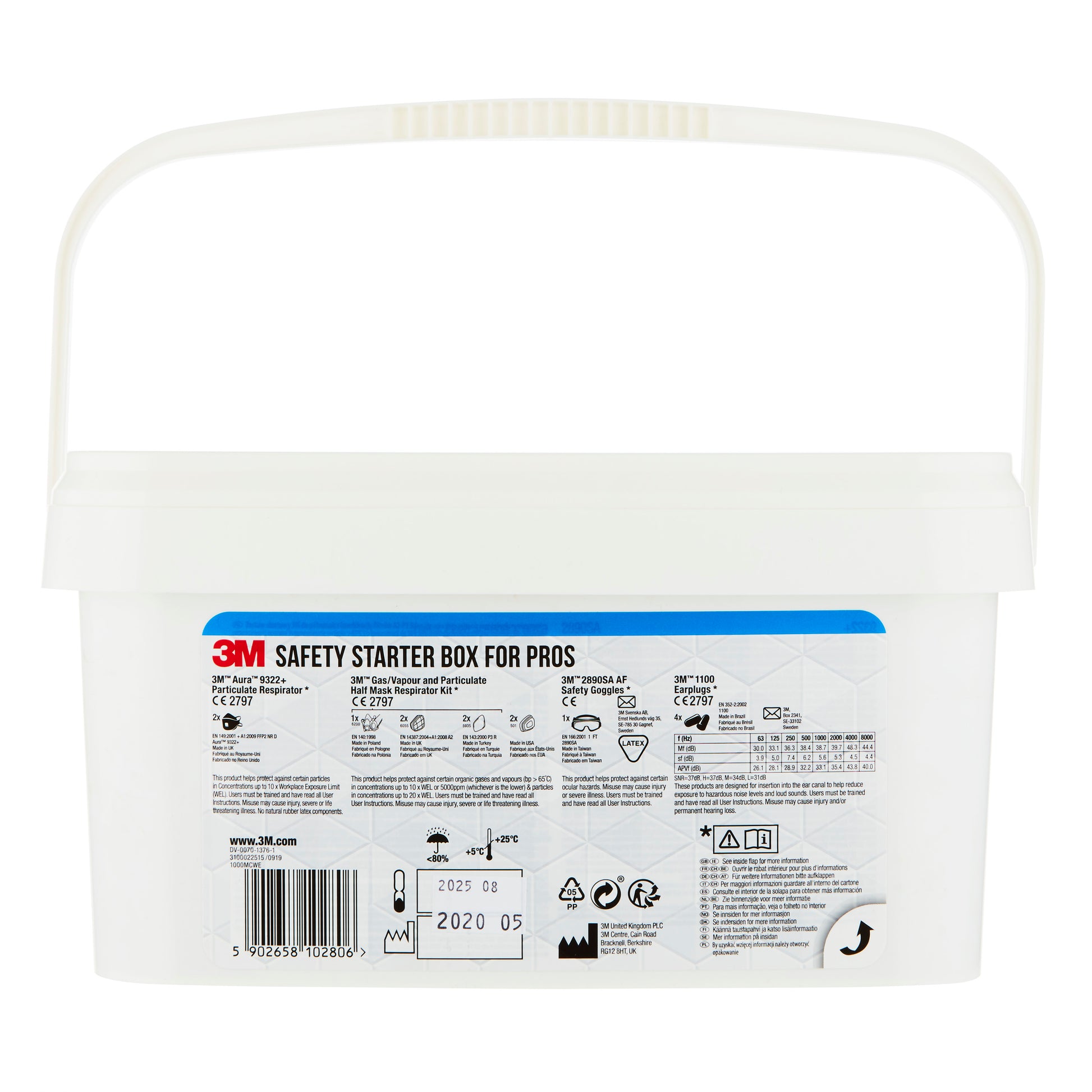 Ein weißer Kunststoffbehälter mit Griff und der Aufschrift "3M™ Arbeitsschutz-Starter-Box für Profis 1000MCWE" der 3M Deutschland GmbH enthält Angaben zum Atem-, Augen- und Gehörschutz sowie Produktinformationen, Sicherheitssymbole, Barcodes und Verfallsdaten.