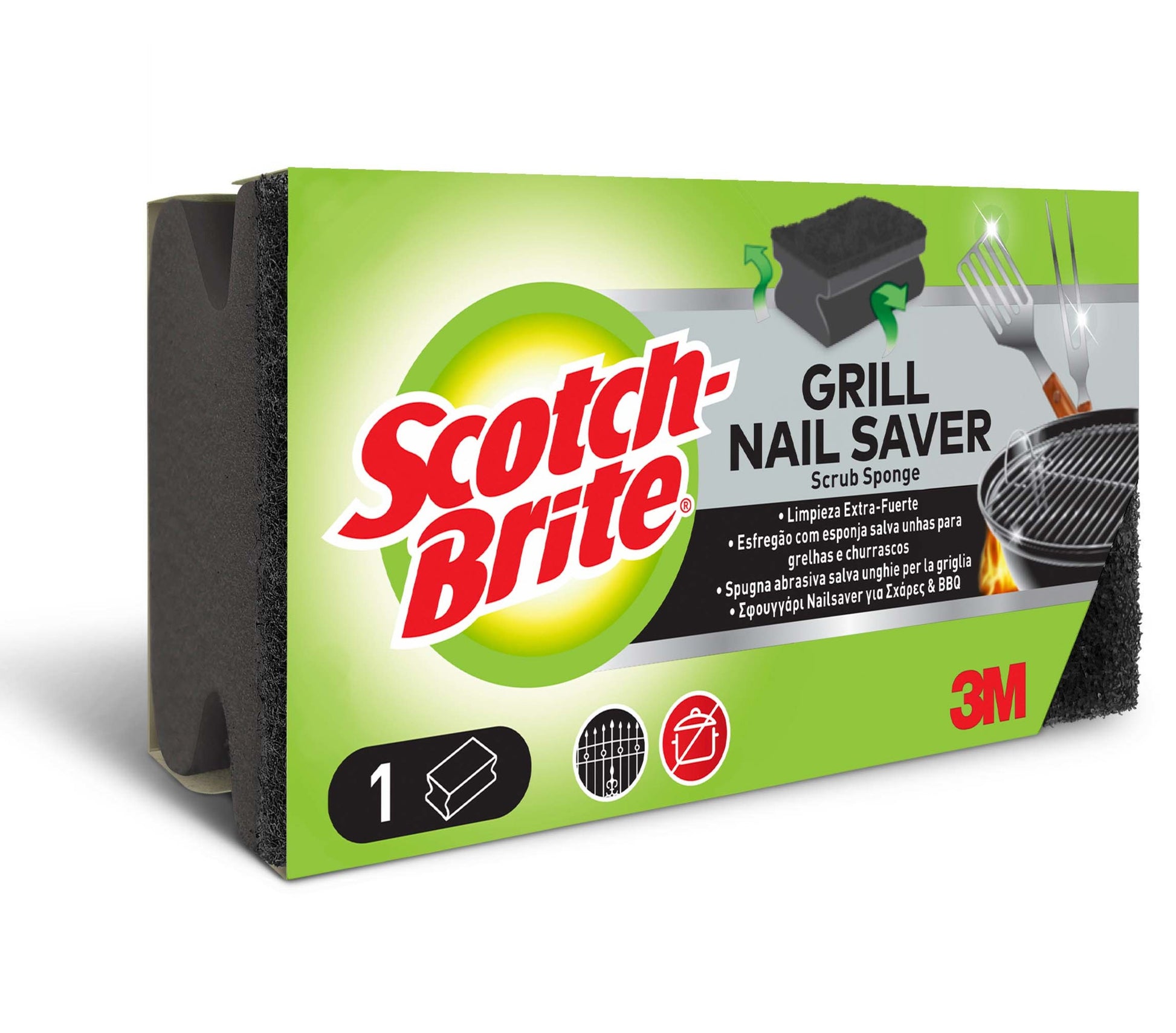 Eine rechteckige Schachtel Scotch-Brite® Grill Griffschwamm der 3M Deutschland GmbH, mit grüner und schwarzer Verpackung, Produktbildern und mehrsprachigem Text. Das 3M Logo ist in der unteren rechten Ecke abgebildet. Die Packung enthält 1 Stück.