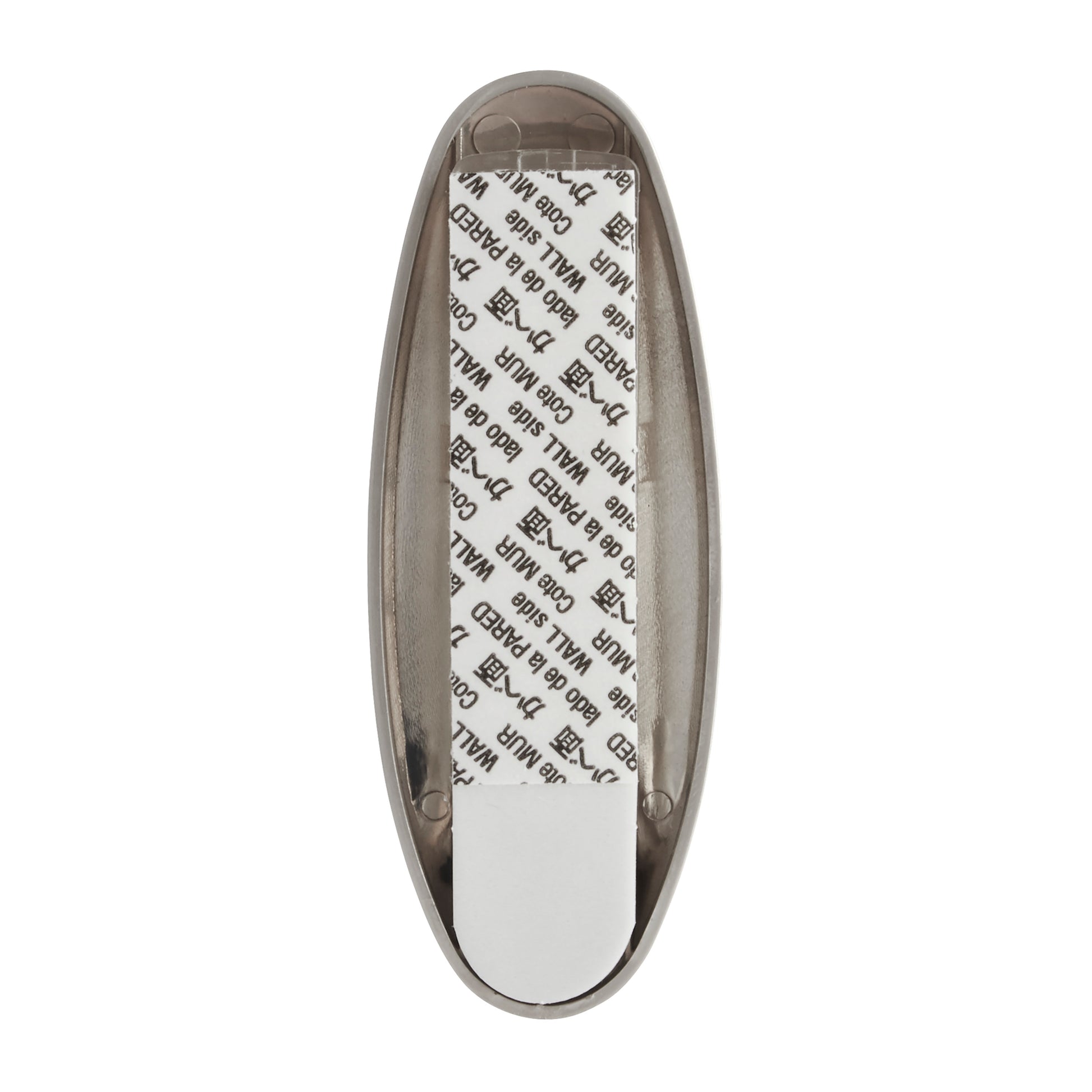 Der 3M Command™ Medium Designer-Haken in Metall-Look (17081BN, 1 Stück) von 3M Deutschland GmbH ist von hinten abgebildet und zeigt seinen Klebestreifen mit aufgedrucktem Text und Zuglasche zur einfachen Wandmontage.