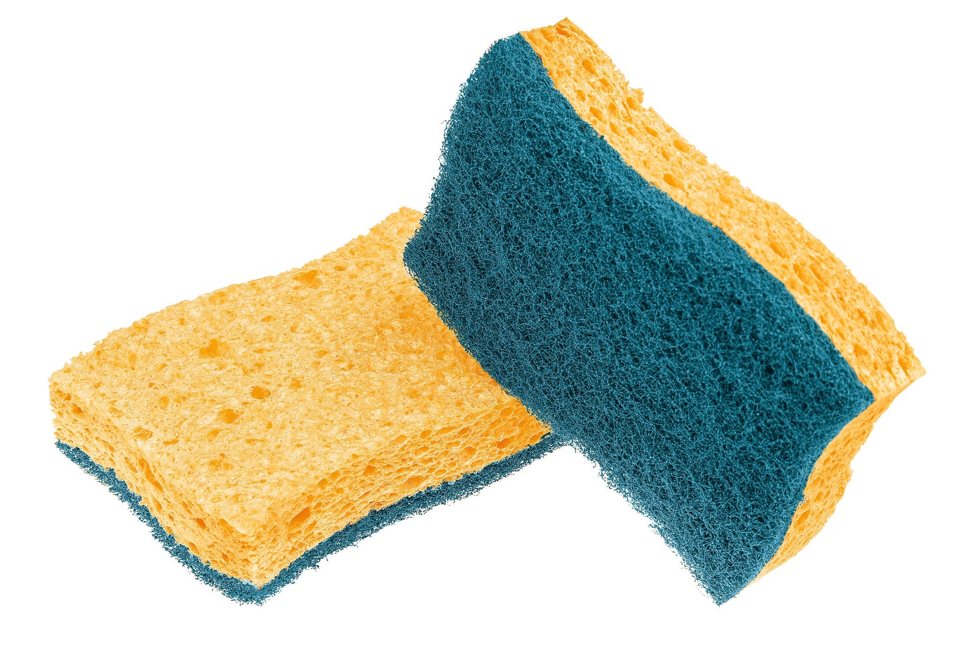 Zwei Scotch-Brite® Delicate kratzfreie Naturfaserschwämme von 3M Deutschland GmbH sind abgebildet - einer aufrecht, einer flach - und zeigen ihre gelben saugfähigen und blauen Scheuerseiten. Die Packung enthält 2 Schwämme.