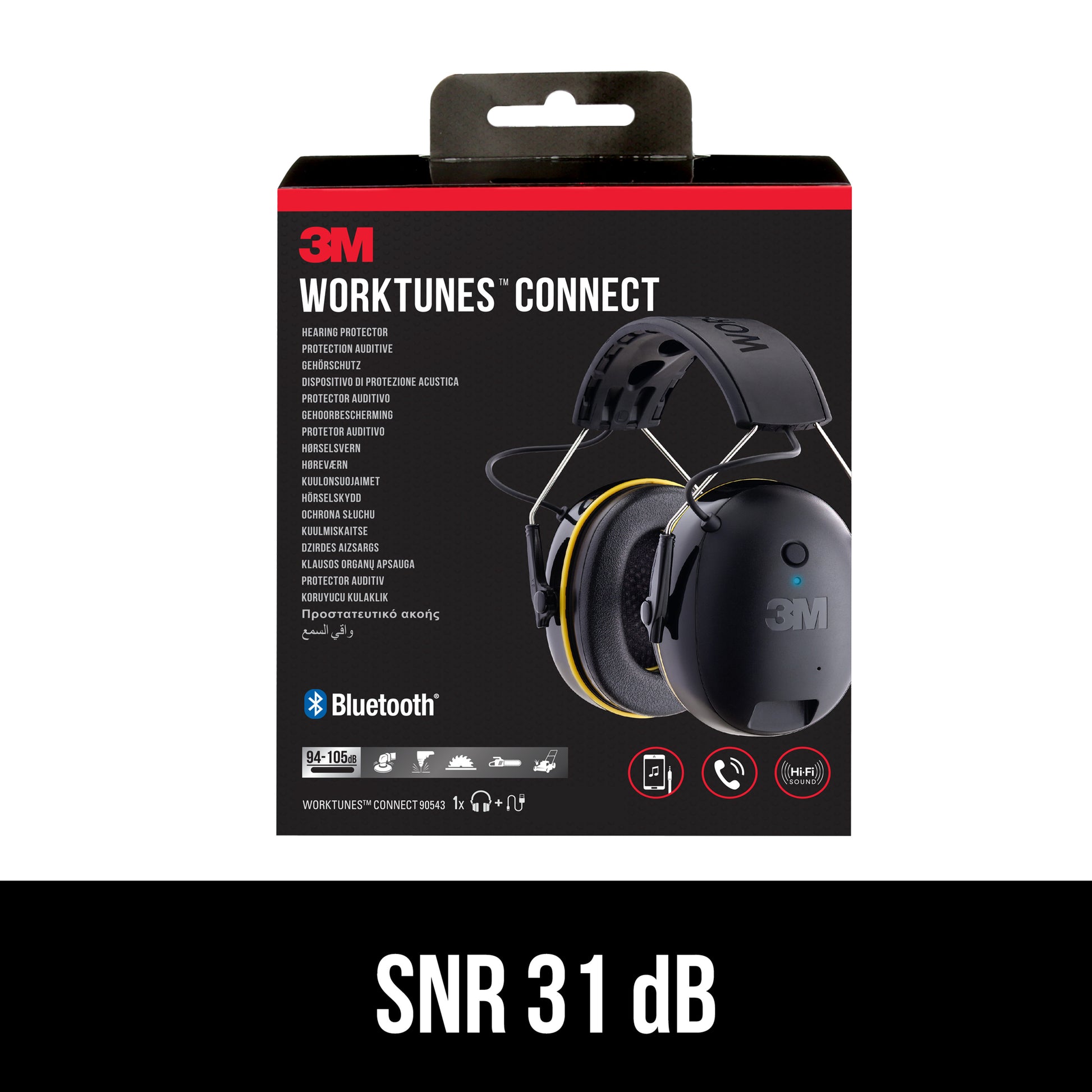 Abgebildet ist eine Schachtel 3M™ WorkTunes™ Connect Kapselgehörschutz 90543E Bluetooth® Kopfhörer (SNR-Wert 31 dB, Schwarz, 1 Stück) der 3M Deutschland GmbH mit dem Produktbild und den Merkmalen auf der Verpackung.