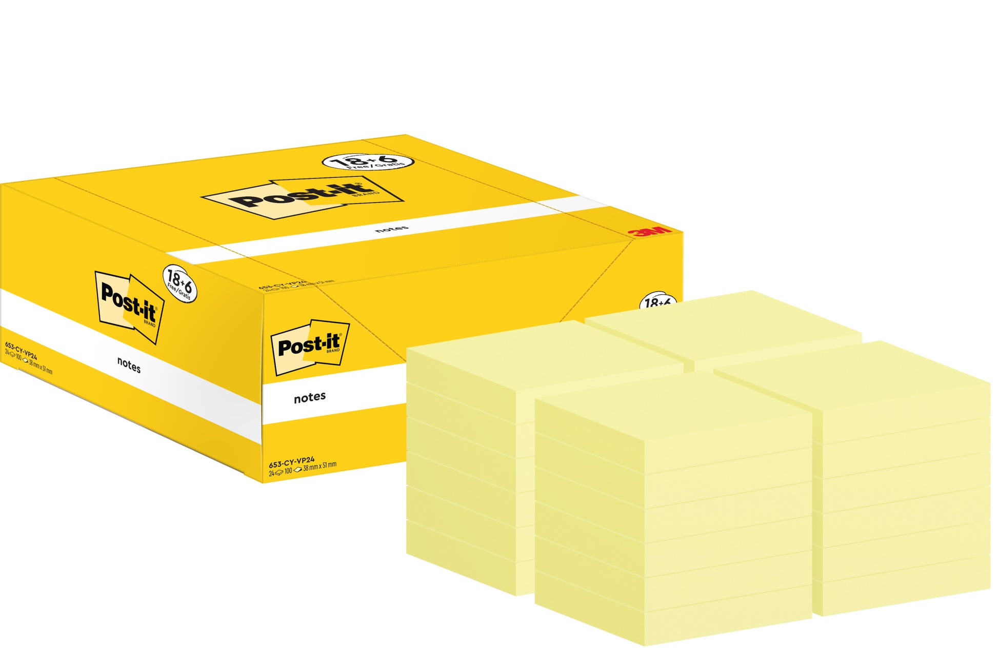Eine Schachtel 3M Post-it® Notes, Gelb (38mm x 51mm, 100 Blatt/Block), wird neben Stapeln von einzelnen Blöcken gezeigt. Die Packung enthält 18 Blöcke plus 6 freie Blöcke in einer PEFC-zertifizierten Schachtel (SGSCH-PEFC-COC-110078). Minimales Branding sichtbar.