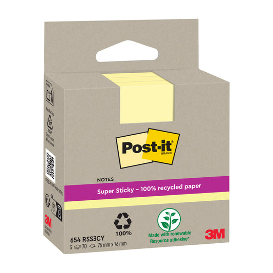 Eine Packung Post-it® Super Sticky 100% Recycling Notes (76x76mm, 70 Blatt/Block, 100% PEFC) von 3M Deutschland GmbH. Die braune Schachtel zeigt ein gelbes Post-it-Logo, ein Recycling-Symbol und ein grünes Symbol für erneuerbare Klebstoffe.
