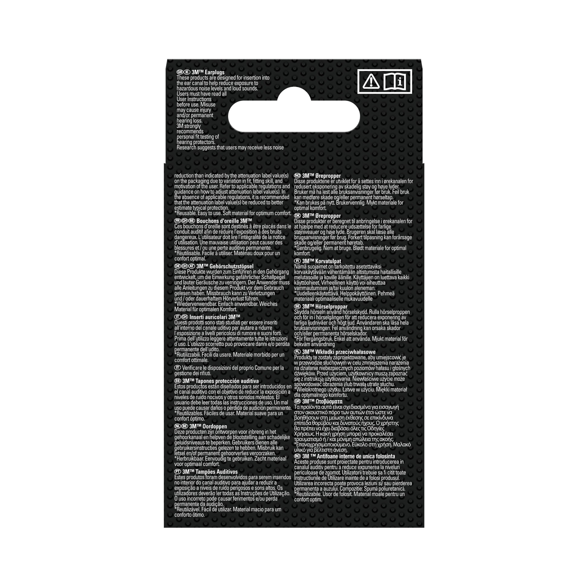 Auf der Rückseite der Verpackung des 3M™ Gehörschutzstöpsels mit Kordel 1271 sind Produkt- und Sicherheitsinformationen in verschiedenen Sprachen in weißer Schrift auf schwarzem, genopptem Hintergrund abgebildet. An der Oberseite befindet sich eine Aufhängelasche.