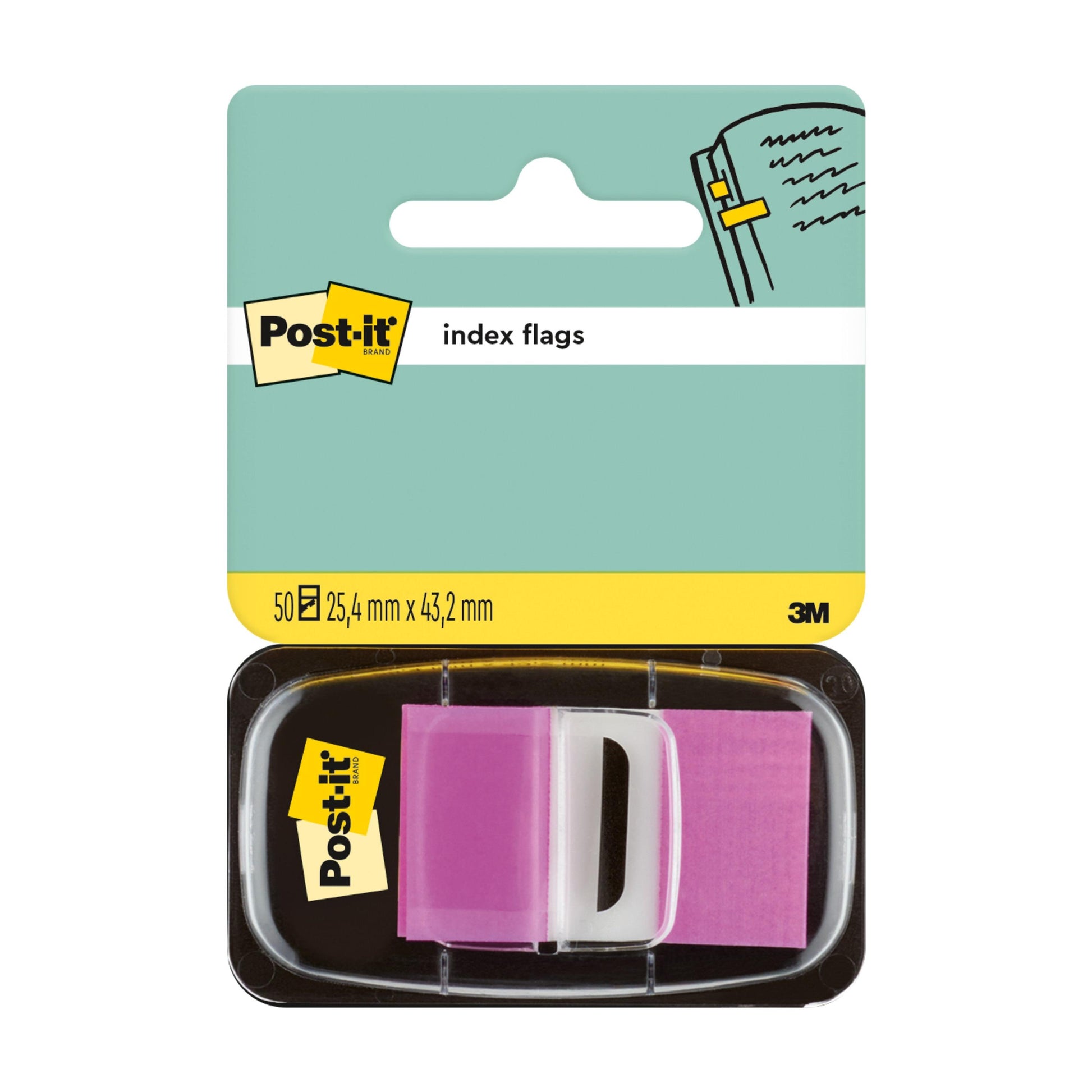 Eine Packung mit 50 Post-it® Index Haftstreifen der 3M Deutschland GmbH mit den Maßen 25,4 mm x 43,2 mm. Die Packung zeigt eine Hand, die eine Fahne zum Markieren einer Seite benutzt.