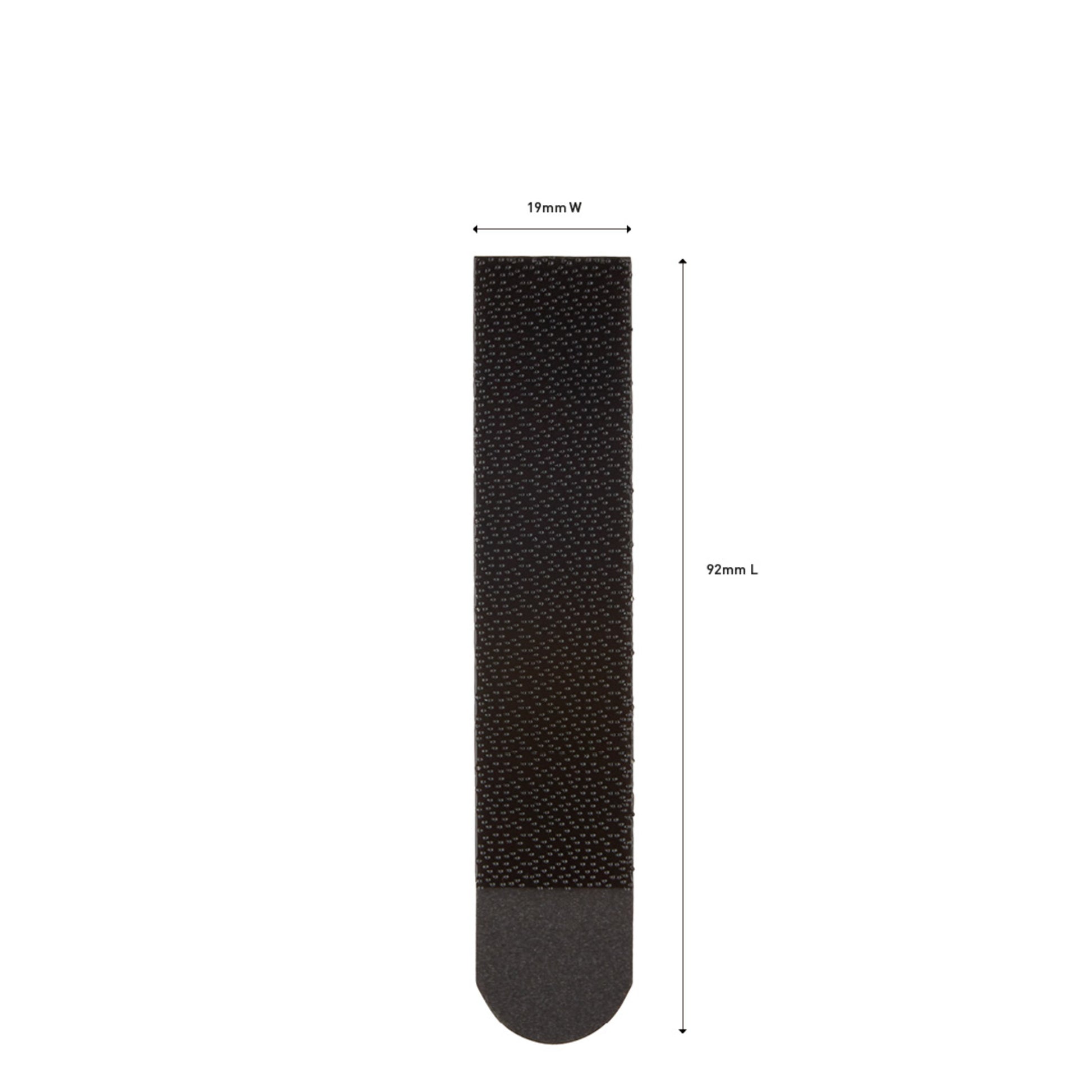 Der abgebildete Große schwarze Command™ Bilder-Montage Strip 17206BLK von 3M Deutschland GmbH ist vertikal dargestellt, misst 19 mm × 92 mm und hat ein abgerundetes Ende mit stoffähnlicher oder Klett-Oberfläche. Die Packung enthält 1 Stück.
