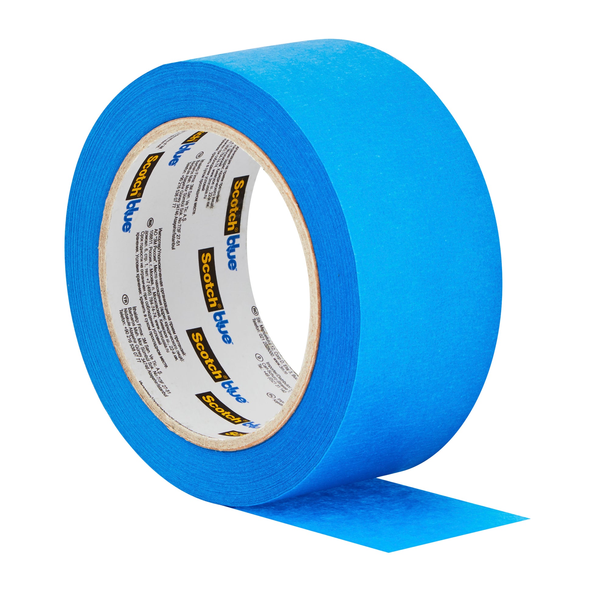 Eine Rolle 3M Deutschland GmbH ScotchBlue™ Malerabdeckband "Multi-Surface" ist teilweise abgerollt, wobei ein blauer Streifen nach außen ragt und der Produktname auf dem Innenetikett sichtbar ist.