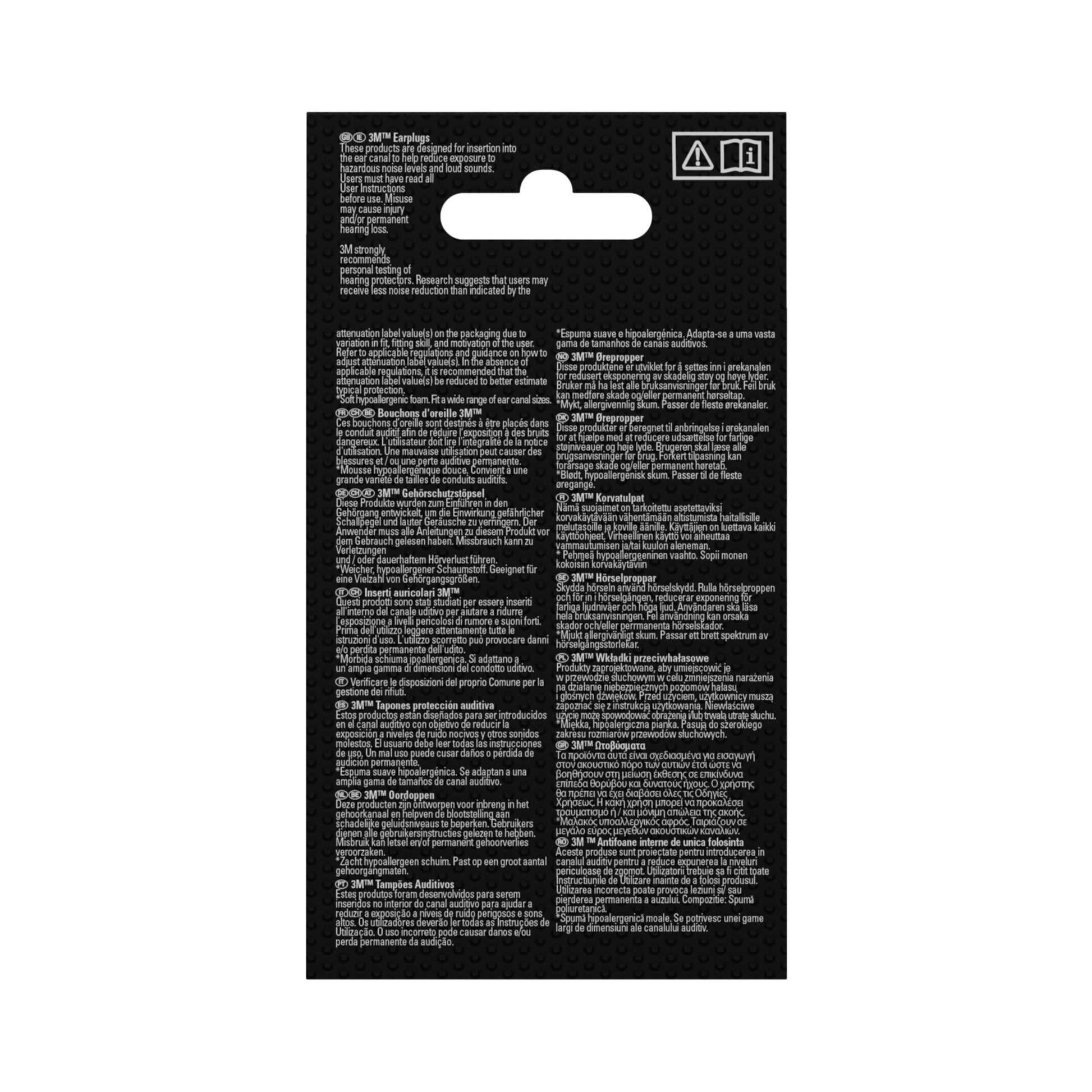 Das Bild zeigt die Rückseite einer schwarzen 3M™ Gehörschutzstöpsel 1100 Verpackungskarte mit kleinem weißem, mehrsprachigem Text, Warnsymbolen, einer Aufhängelasche am oberen Rand und Angaben zu den orangefarbenen Schaumstoffstöpseln der 3M Deutschland GmbH (SNR 35 dB).