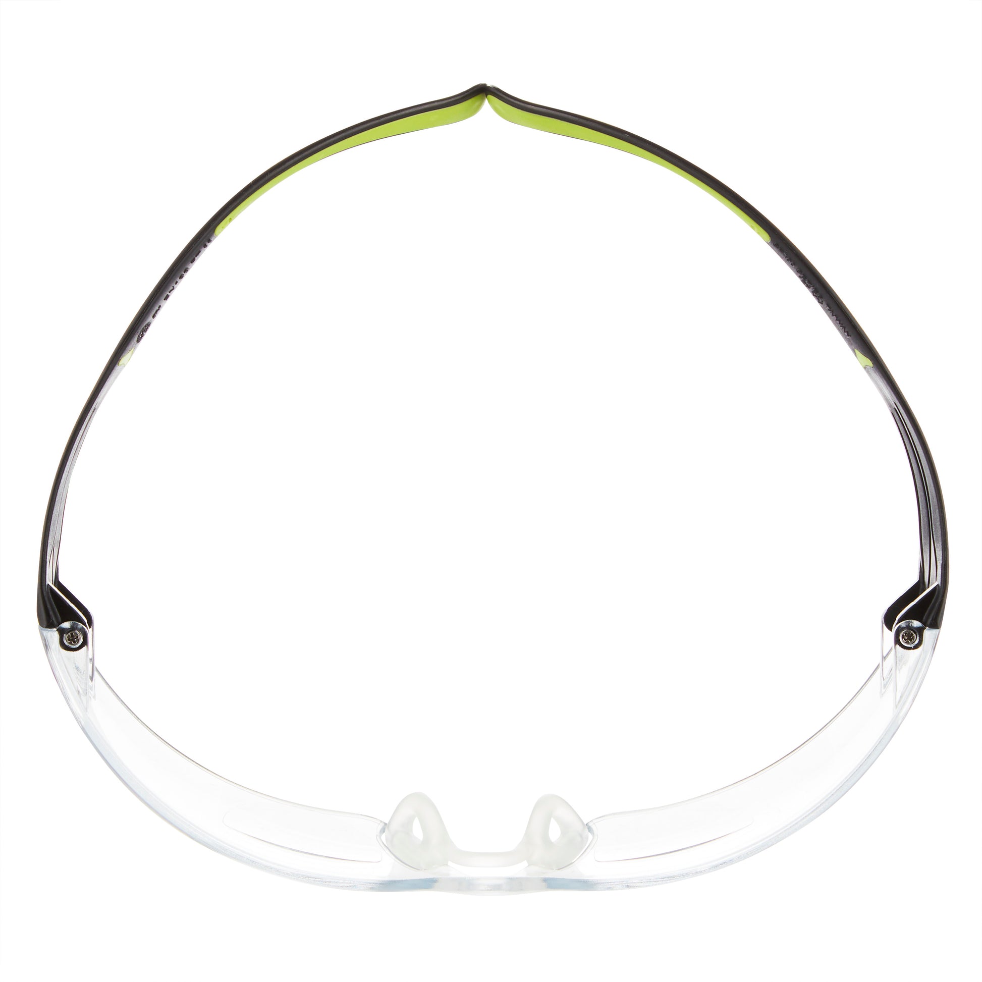 Die 3M™ SecureFit™ Lese-Schutzbrille von 3M Deutschland GmbH hat klare Schutzgläser, einen schwarz-grünen Rahmen und einen Nasensteg, von oben auf weißem Hintergrund.