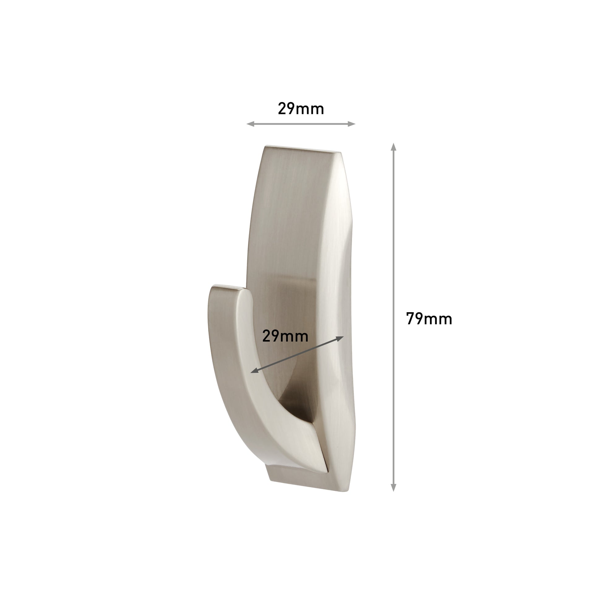 Der Command™ Bad Metallhaken "Modern Reflection" von 3M Deutschland GmbH ist auf weißem Hintergrund in modernem Design dargestellt. Die Abmessungen sind gekennzeichnet: 79 mm hoch und 29 mm breit, hervorgehoben durch Pfeile und Text.