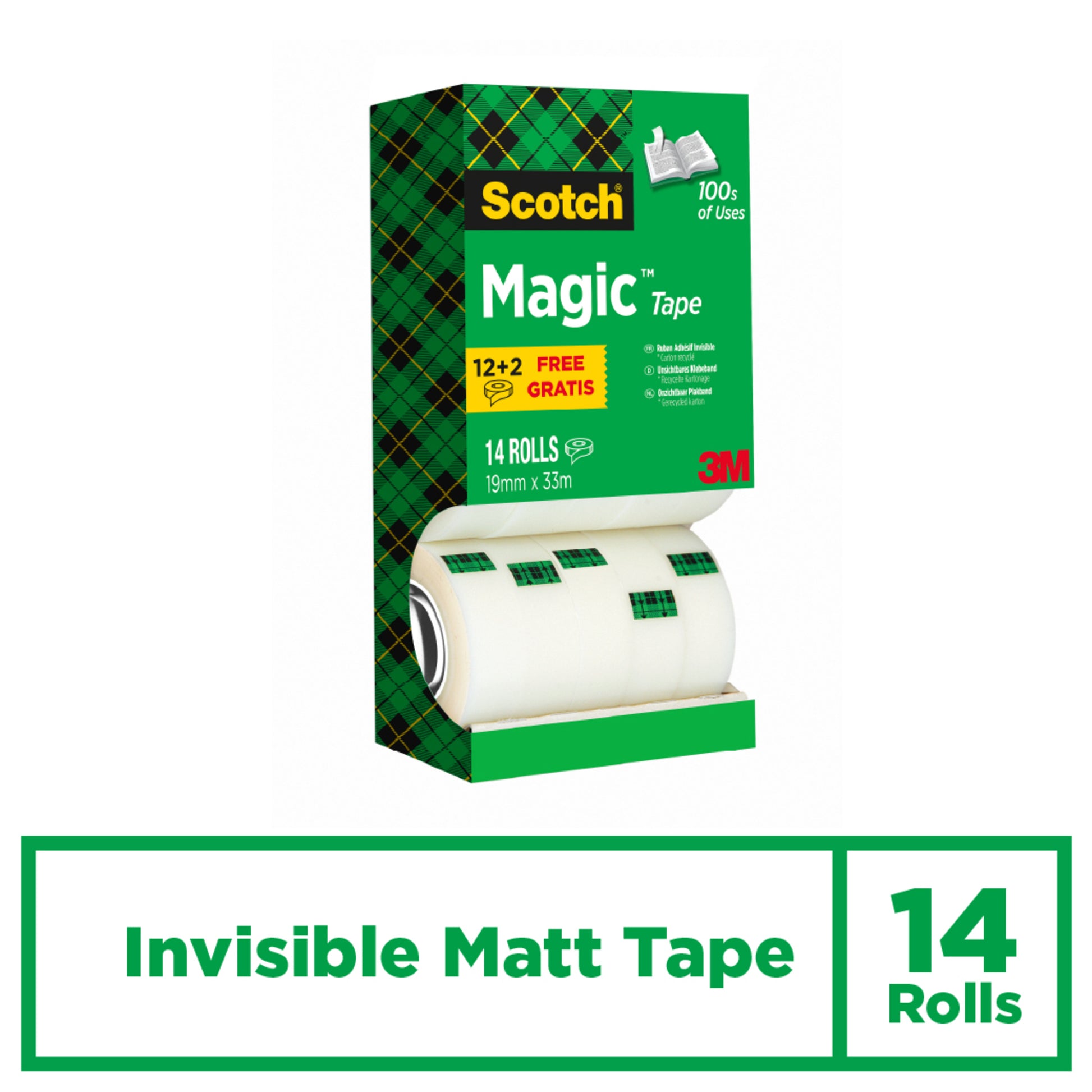 Abgebildet ist eine Schachtel Scotch® Magic™ Unsichtbares Klebeband der 3M Deutschland GmbH, die 14 Rollen (19mm x 33m) mit grünem Tartan-Muster enthält, beschriftet mit "12+2 FREE" und "100+ uses".