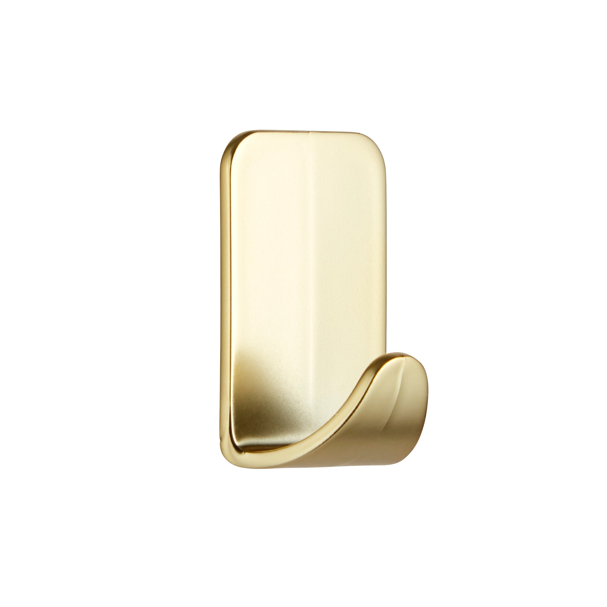 Der Command™ Metallhaken Größe S in Goldfarbe von 3M Deutschland GmbH hat eine rechteckige Rückenplatte und einen gebogenen Haken, isoliert auf weißem Hintergrund dargestellt. Modell: 17032BR-4ES, 1 Stück Packung mit 4 Haken und 5 Streifen.