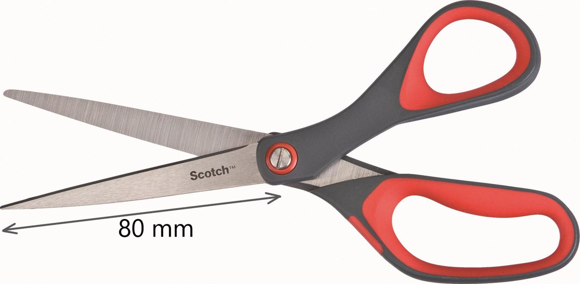 Die Scotch™ Präzisionsschere rot der 3M Deutschland GmbH verfügt über rot-schwarze Griffe und eine 80 mm große, markierte Klinge mit Doppelpfeil, die geöffnet vor weißem Hintergrund dargestellt ist.