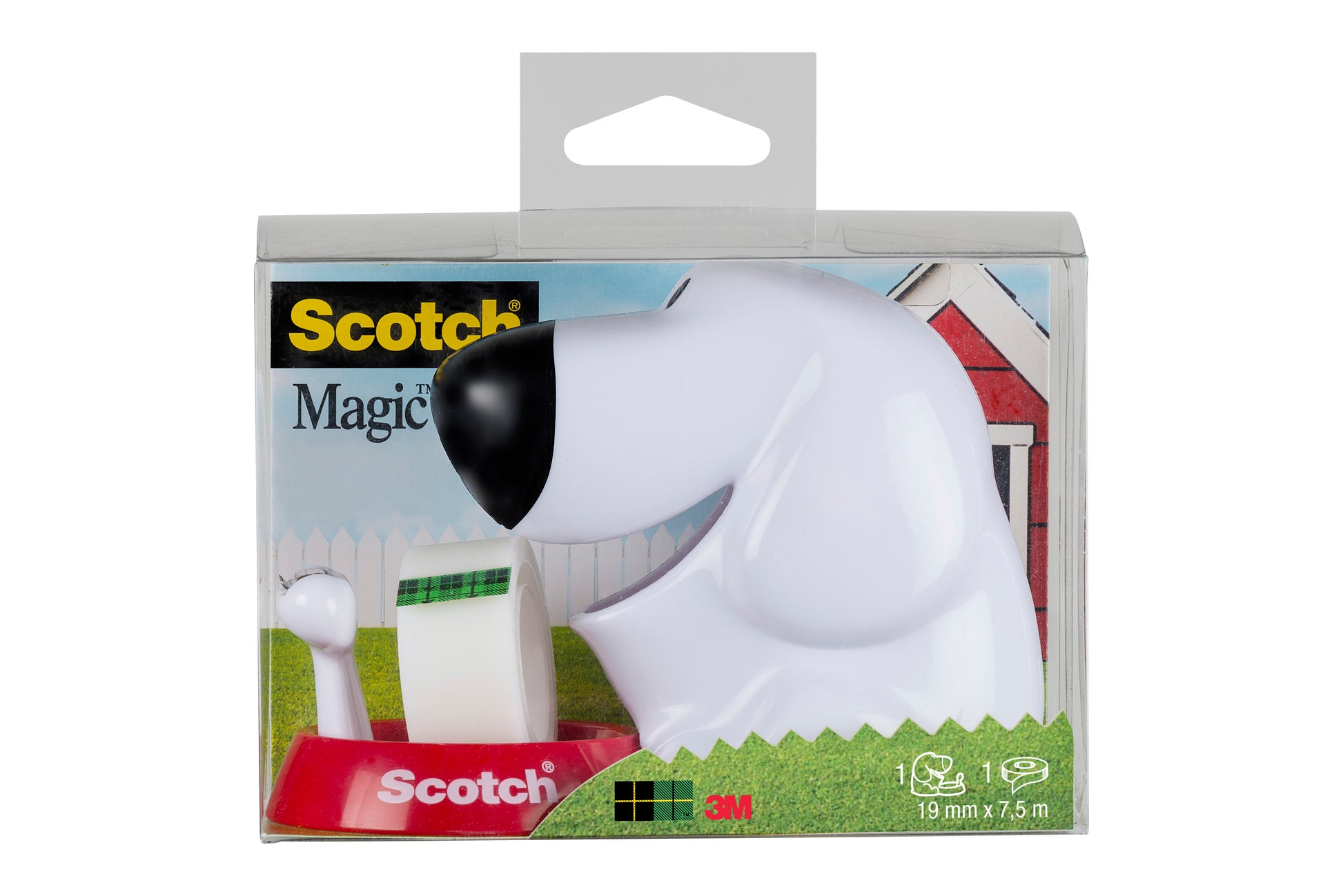 Der Scotch™ Tischabroller im Hunde Design C31 von 3M Deutschland GmbH enthält eine Rolle Scotch® Magic™ Klebeband (19 mm x 8,89 m) und wird in einer Klarsichtbox mit Hintergrundbild eines roten Hauses und weißen Zauns geliefert.