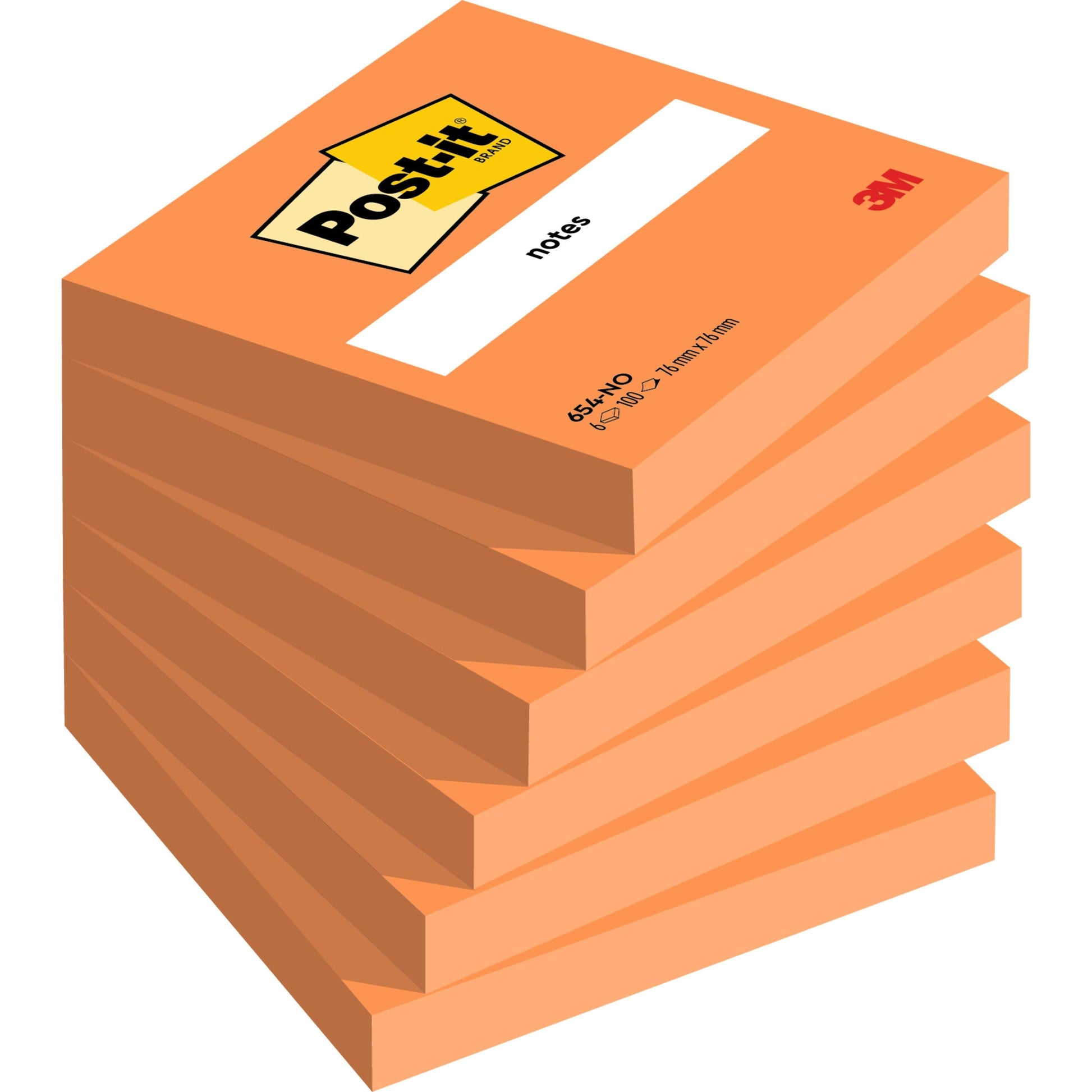Ein Stapel von sieben orangefarbenen 3M Post-it® Notizblöcken (76 mm x 76 mm, 100 Blatt pro Block, 100% PEFC) mit dem Post-it-Logo und einem leeren Etikett auf dem obersten Block.