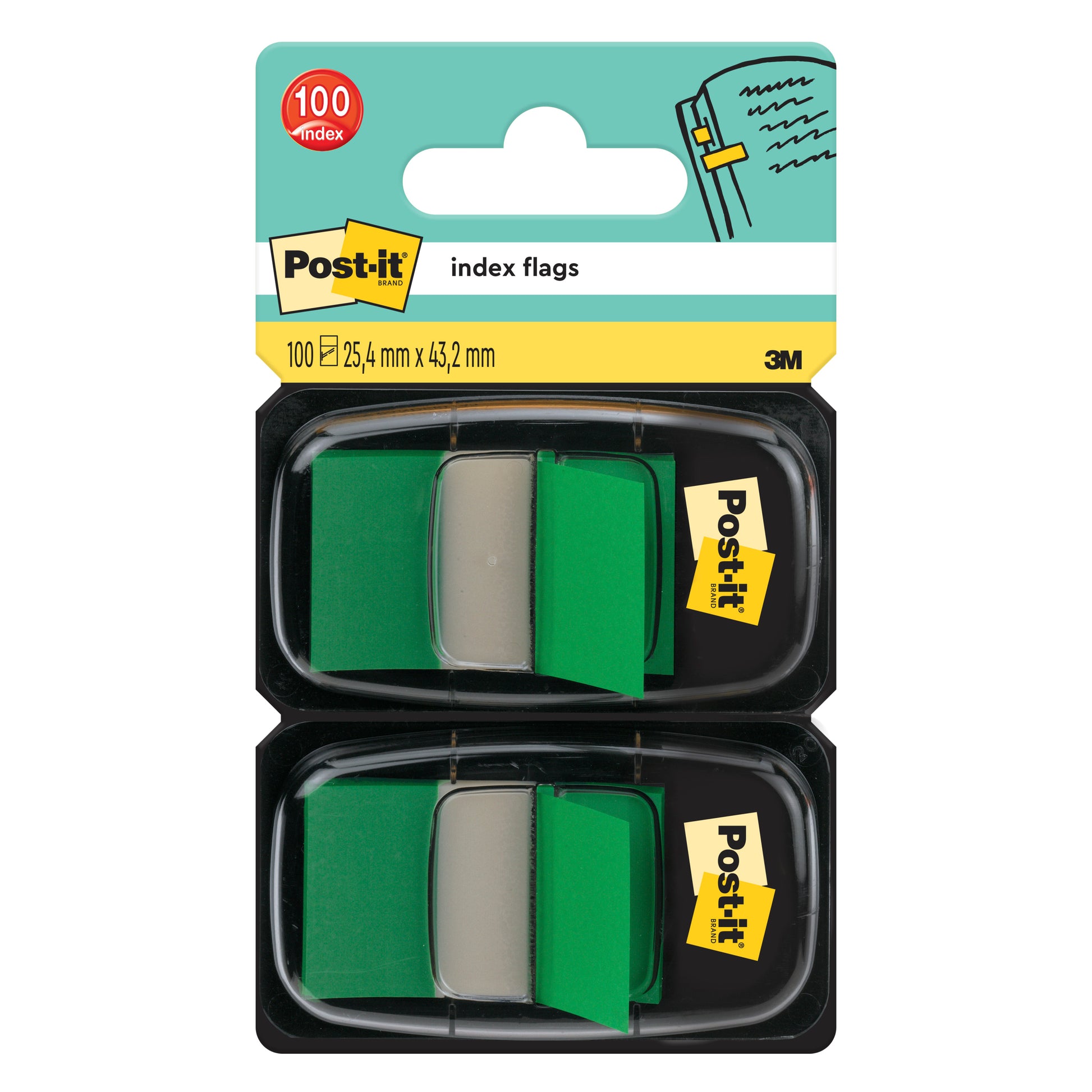 Eine Packung Post-it® Index Haftstreifen der 3M Deutschland GmbH enthält 100 grüne Fähnchen (25,4 mm x 43,2 mm) in zwei Spendern, mit Produktbeschriftung und Abbildungen auf der Verpackung.